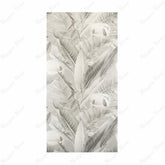 Sage Fog Matte porcelain slab displayed on easel against luxury backdrop showing soft botanical leaf print in muted sage and grey tones for UAE interior design