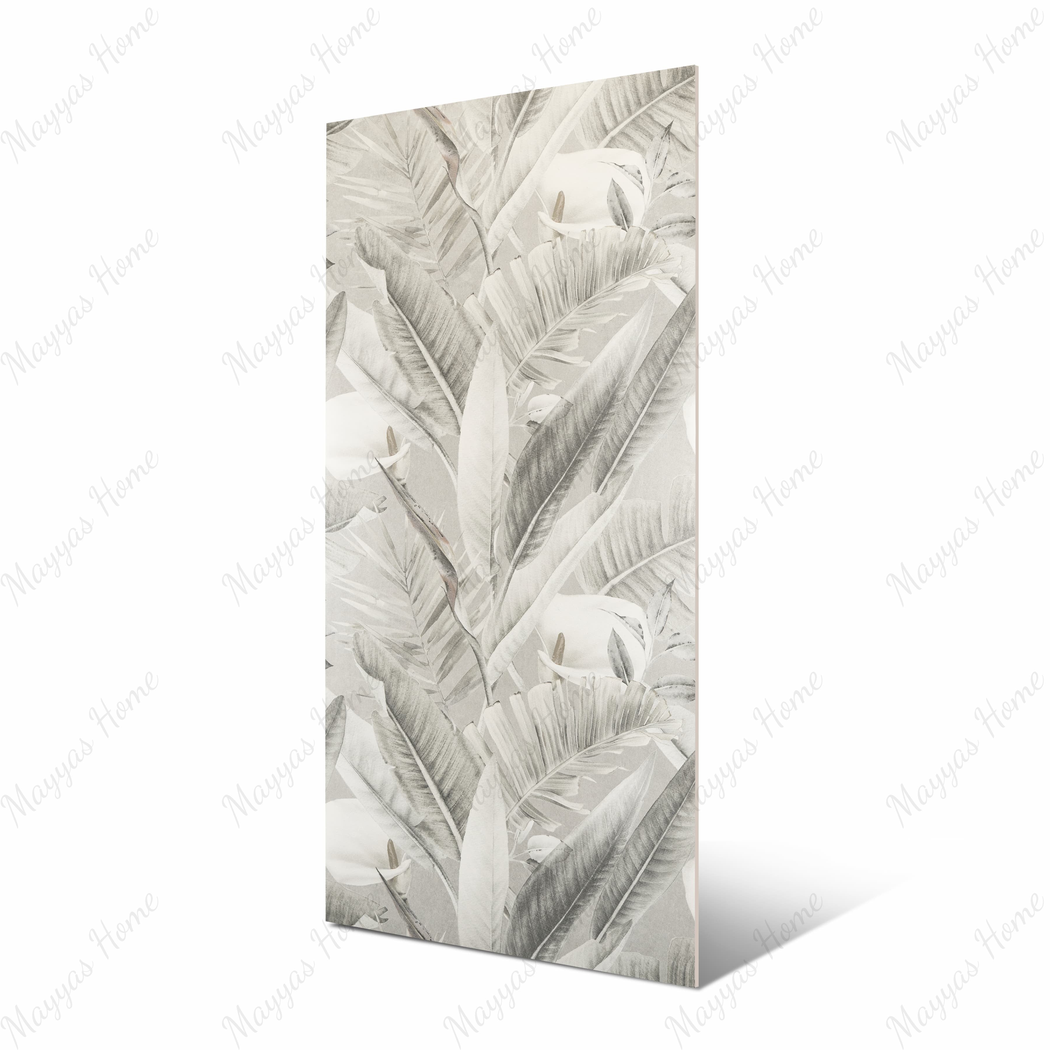 Sage Fog Matte large format porcelain slab angled view highlighting matte finish, painterly foliage decor with white blooms, and rectified edges