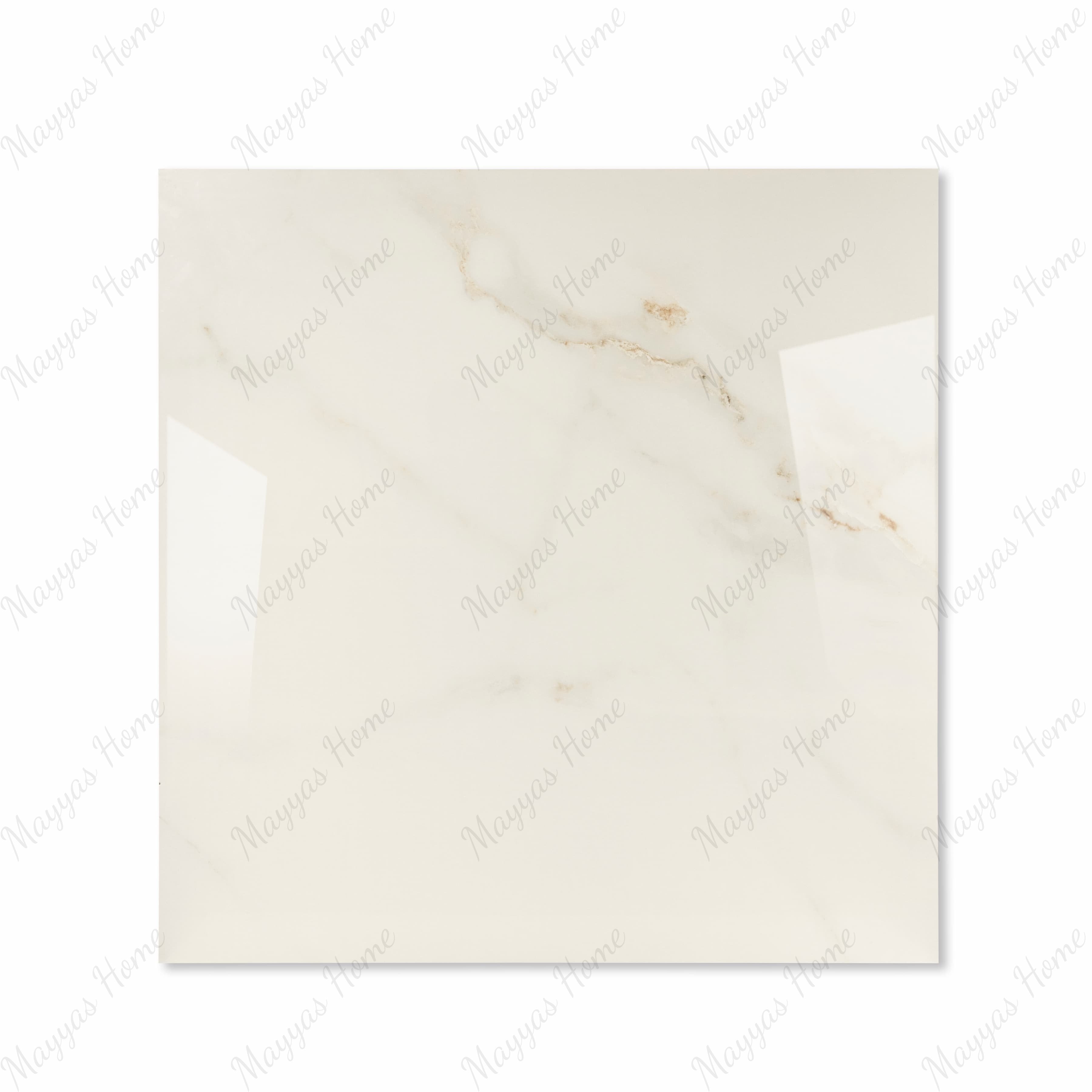 Cecelia Gold glossy porcelain tile 120x120cm displayed on easel against luxury marble backdrop for UAE interior design