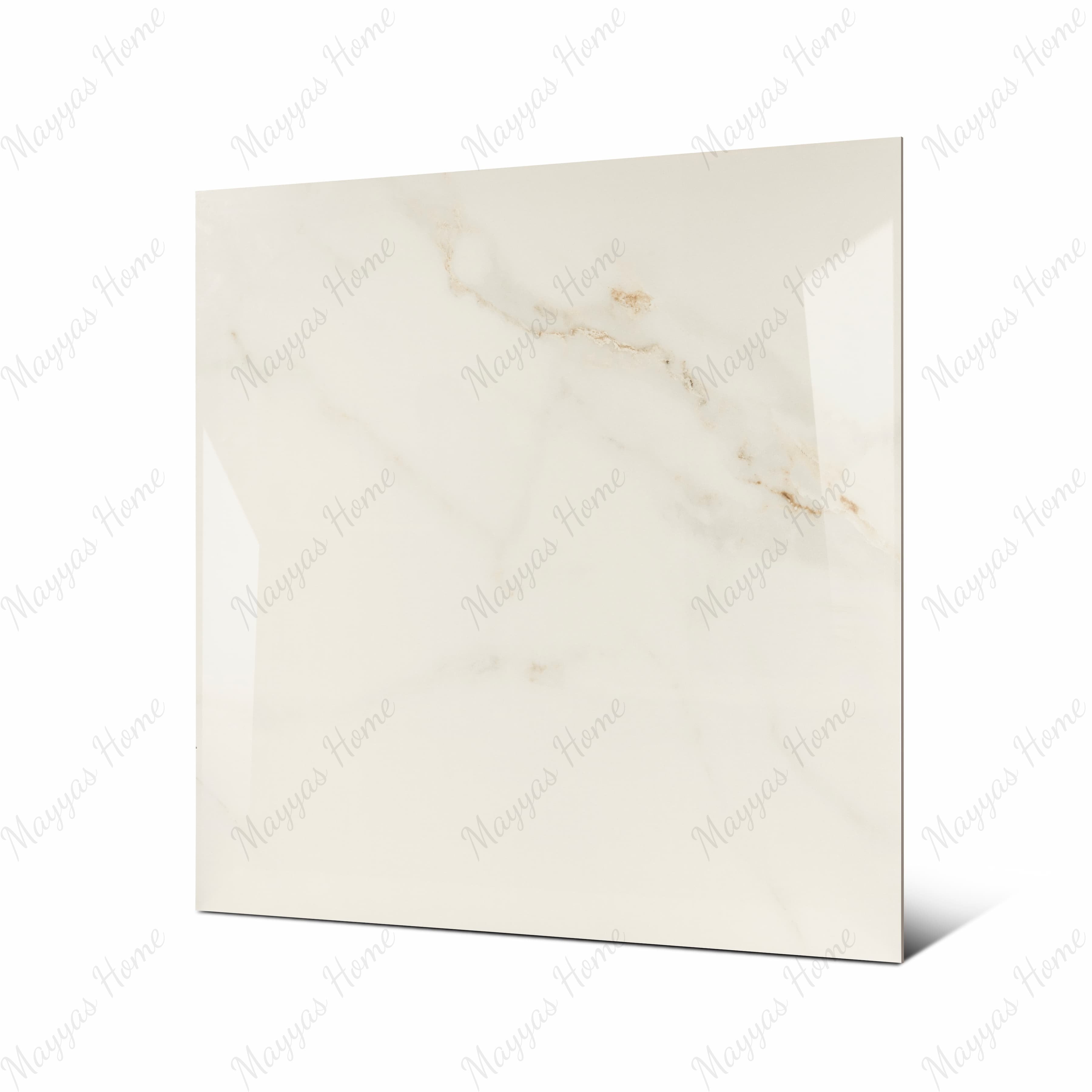 Cecelia Gold large format porcelain tile angled view highlighting polished Calacatta Oro marble finish and rectified edges