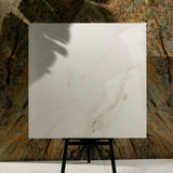 Cecelia Gold 120x120cm glossy porcelain tile flat view showing ivory marble surface with elegant gold veining