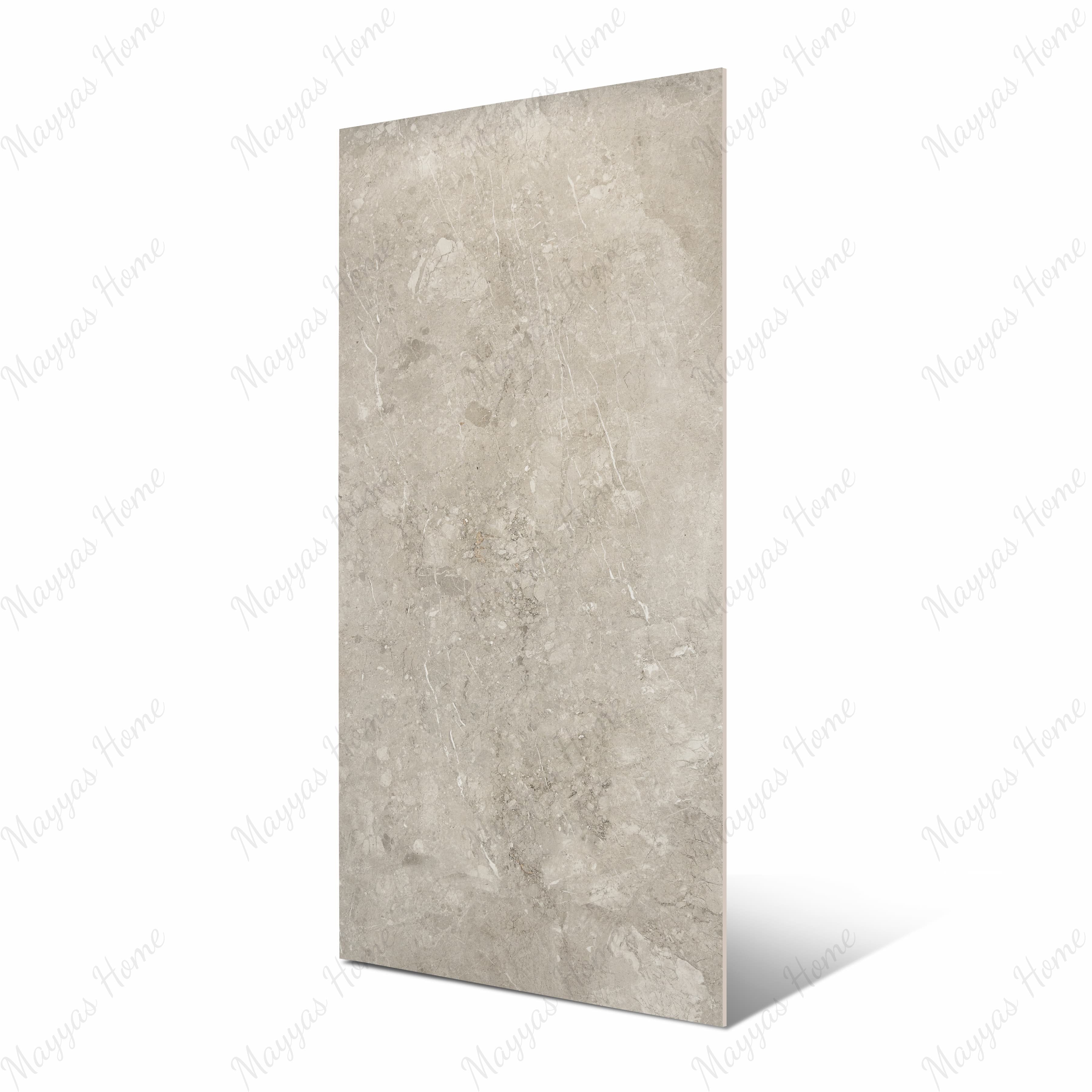 Element Coach Smoke porcelain slab flat view showing warm grey limestone-look surface with scattered fossil aggregate and white veining