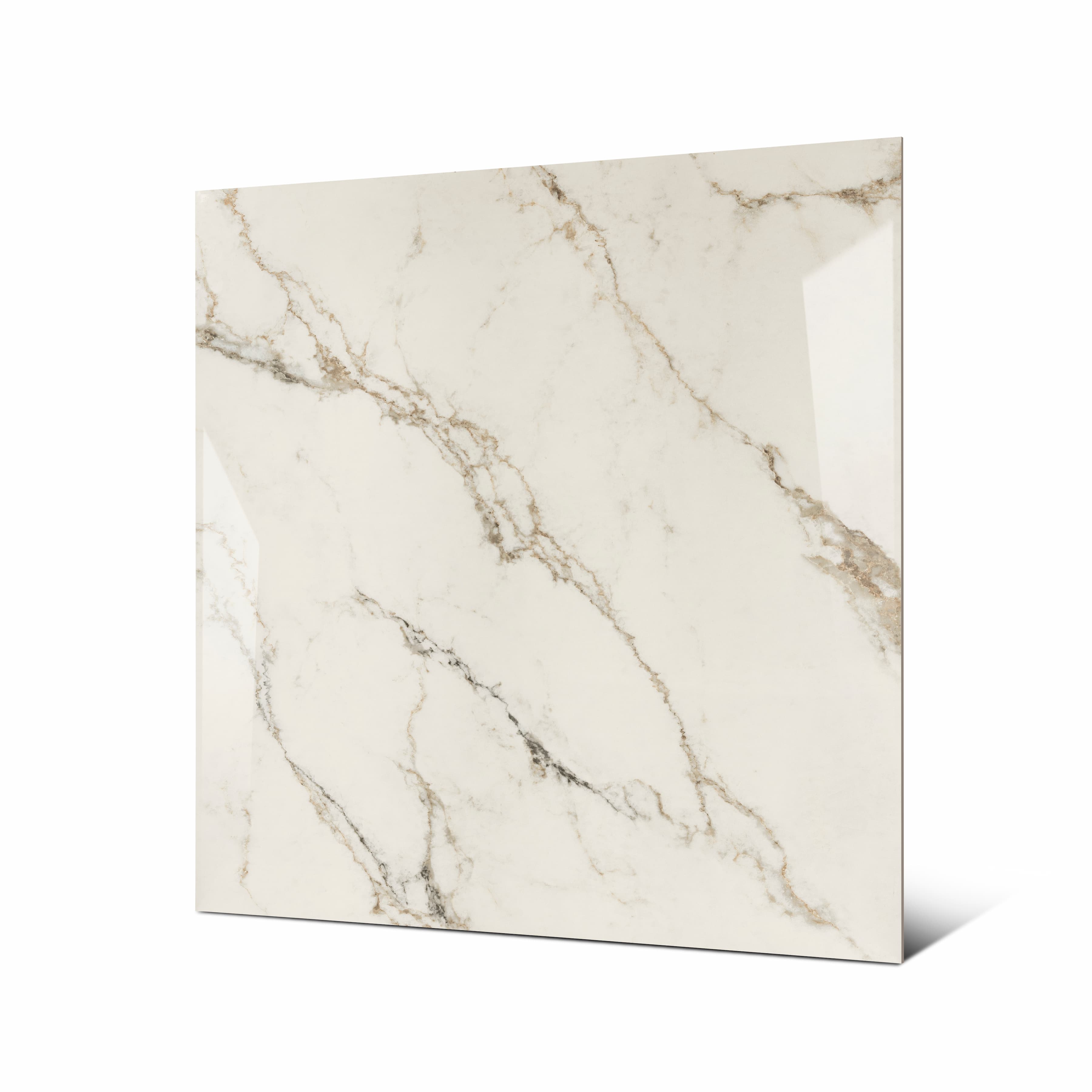 Signora large format porcelain tile angled view highlighting polished Calacatta Oro marble finish, bold veining, and rectified edges