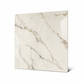 Signora large format porcelain tile angled view highlighting polished Calacatta Oro marble finish, bold veining, and rectified edges