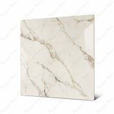 Signora large format porcelain tile angled view highlighting polished Calacatta Oro marble finish, bold veining, and rectified edges