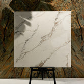 Signora 120x120cm glossy porcelain tile flat view showing ivory marble surface with dramatic gold and grey veining