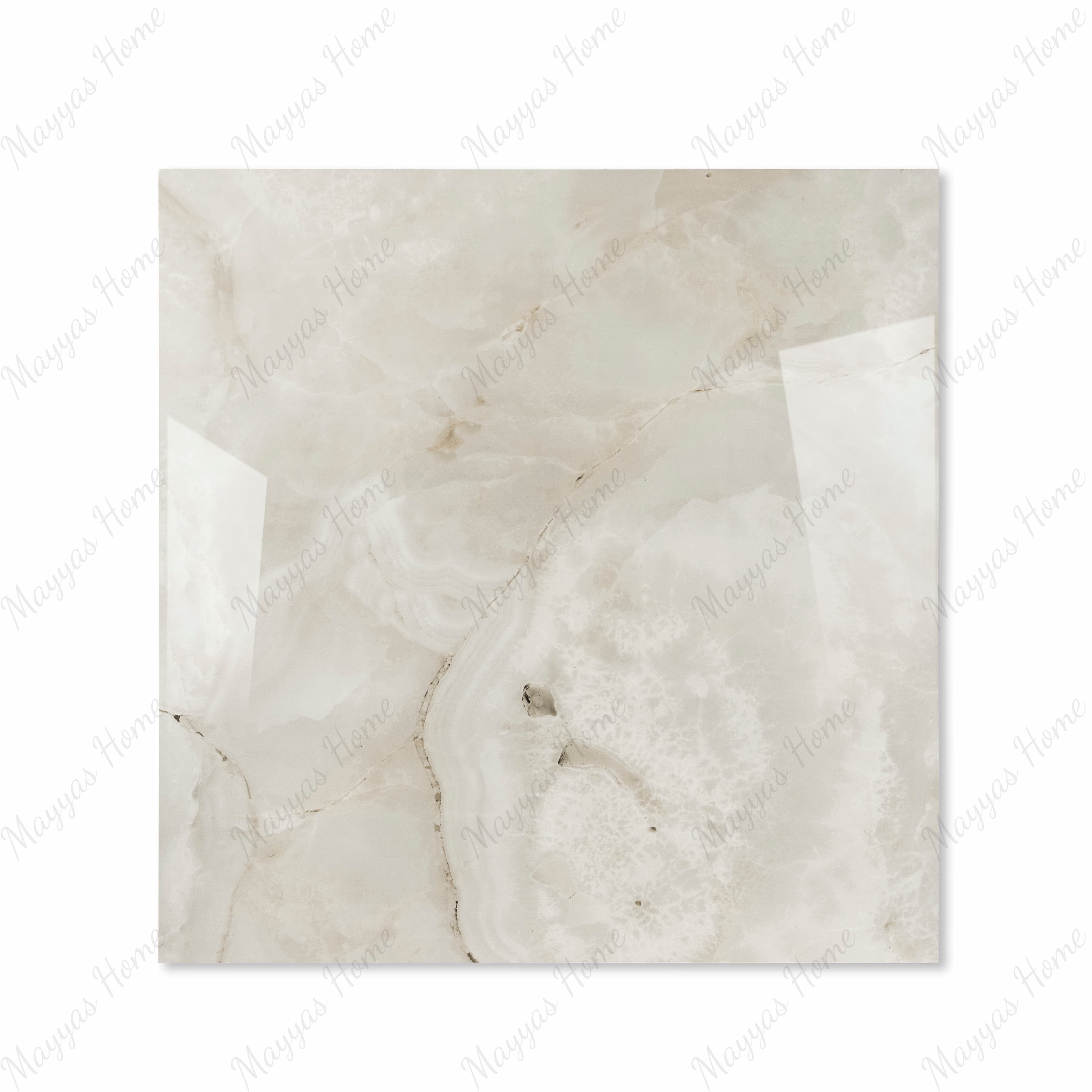 Marbella Gold glossy porcelain tile 120x120cm displayed on easel against luxury marble backdrop for UAE interior design
