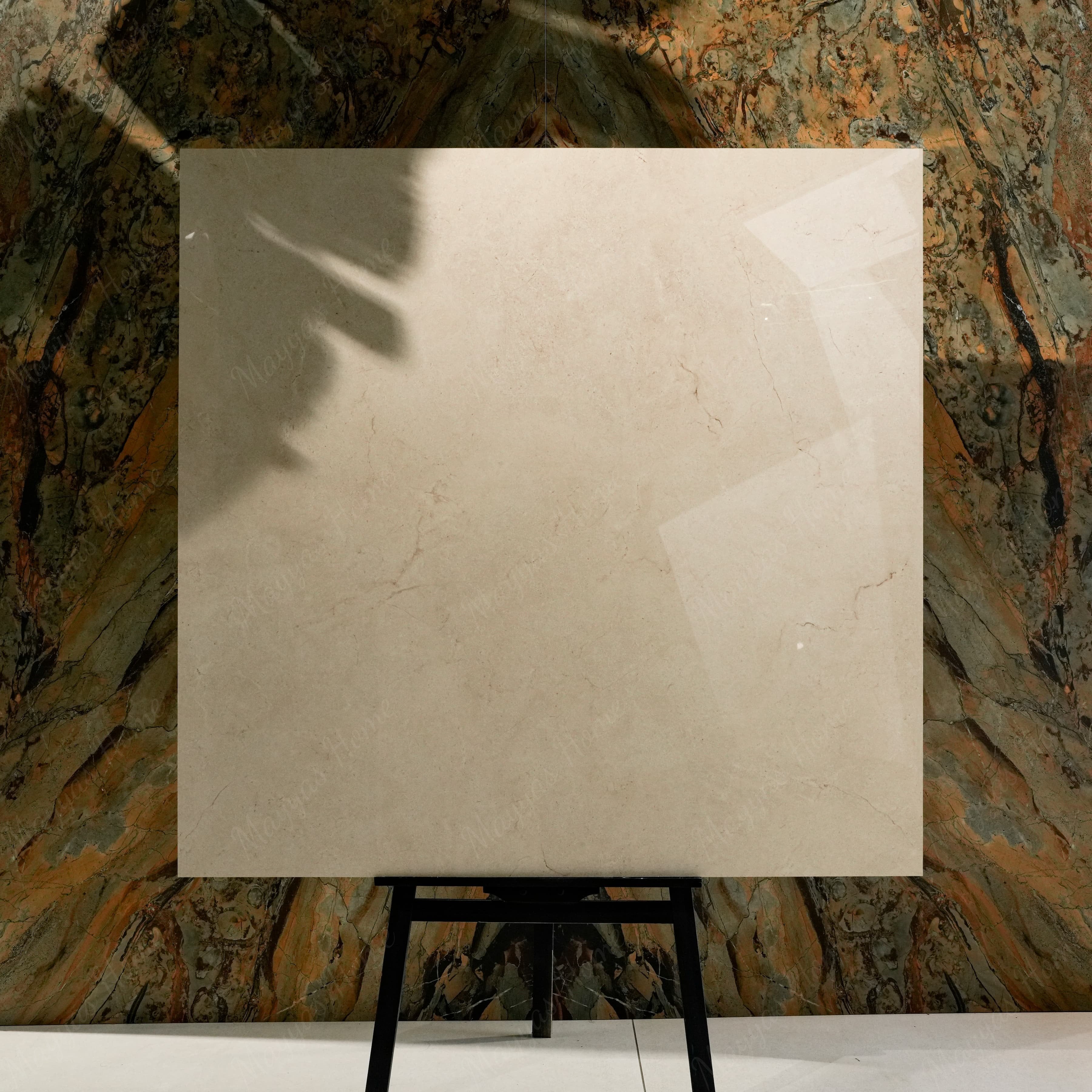 Marfil Pearl 120x120cm glossy porcelain tile flat view showing warm beige Crema Marfil marble surface with delicate veining