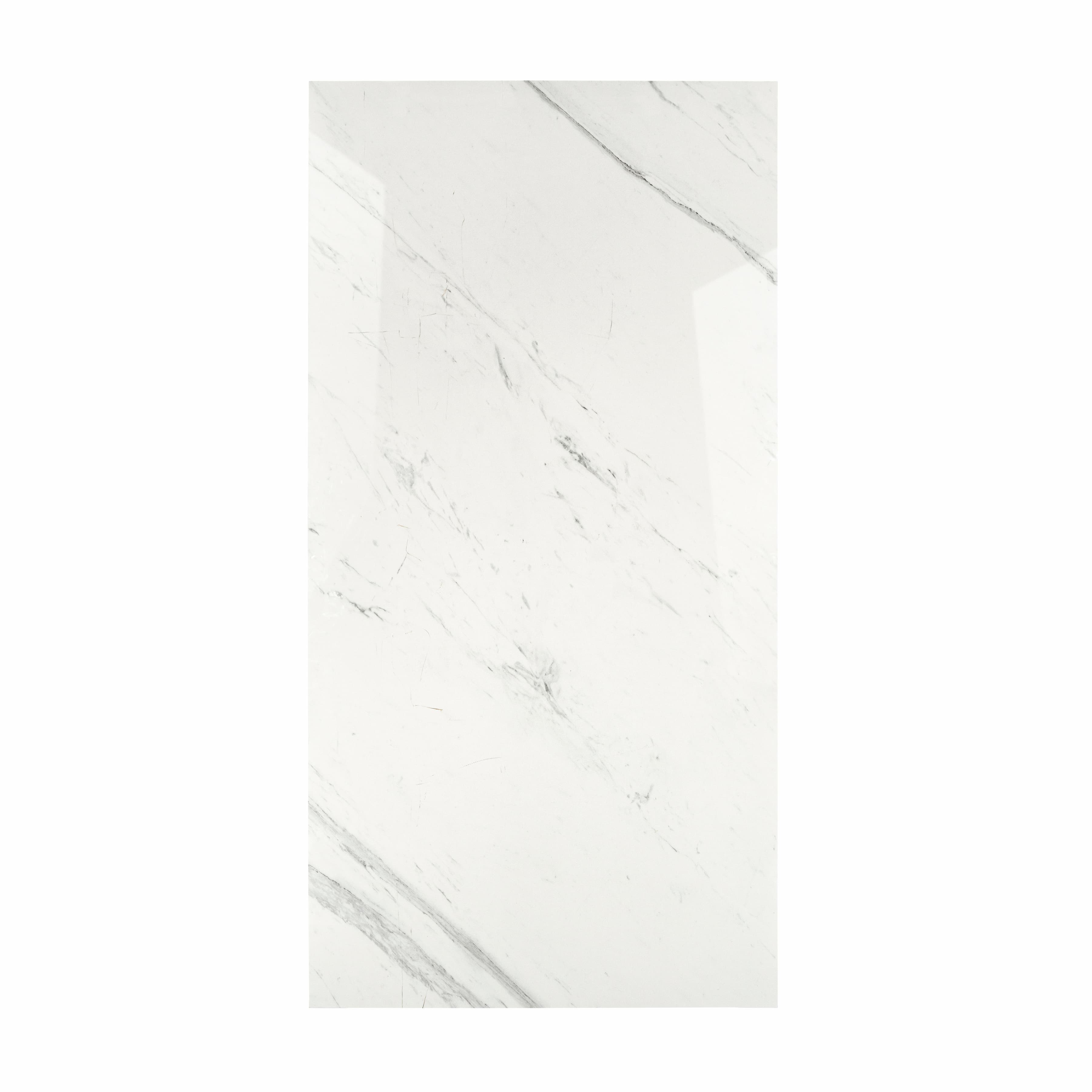 Statuario Platina BM porcelain slab displayed on easel against luxury backdrop showing crisp white marble surface with elegant grey veining for UAE interior design