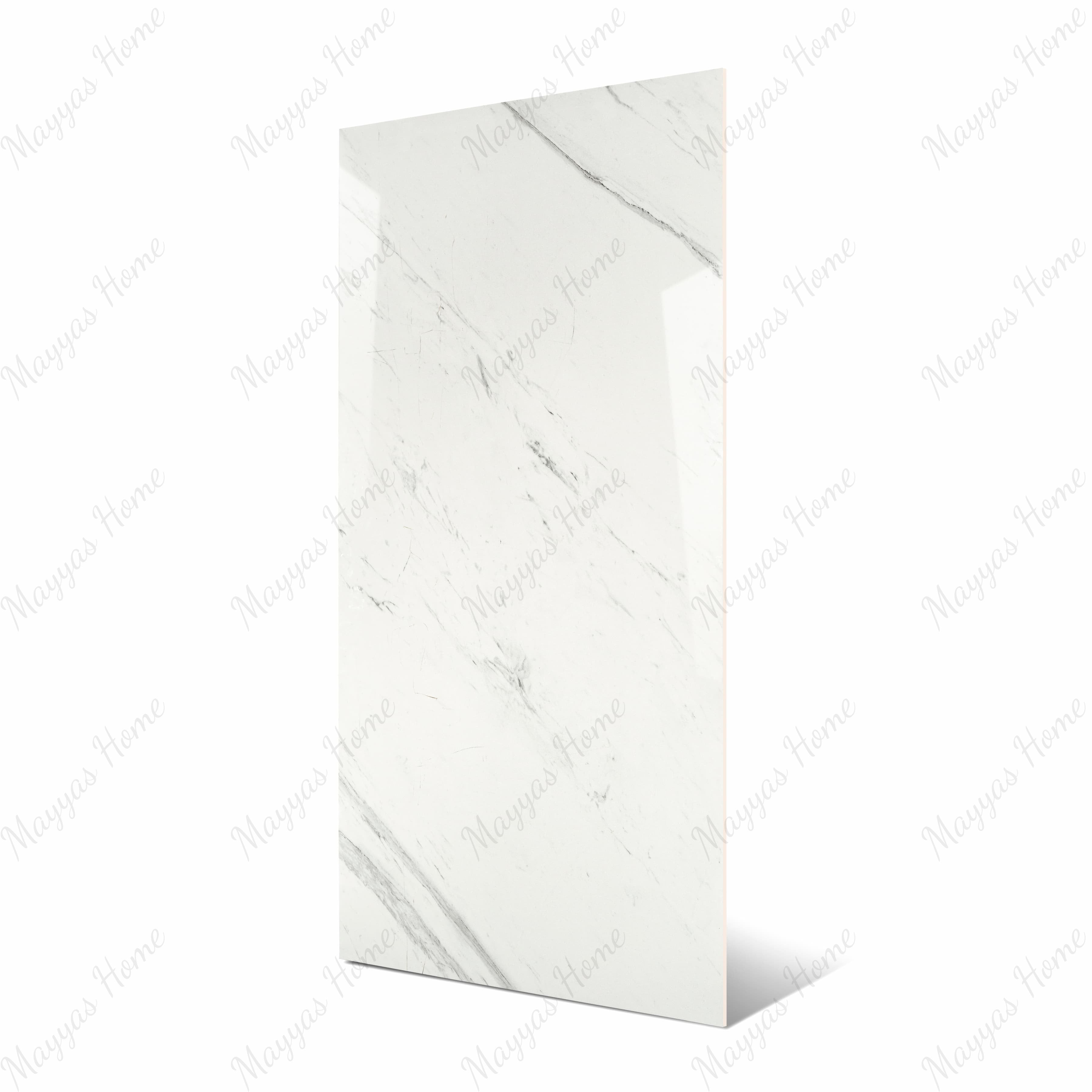 Impact_Statuario large format porcelain slab angled view highlighting polished white marble finish, dramatic linear veining, and rectified edges