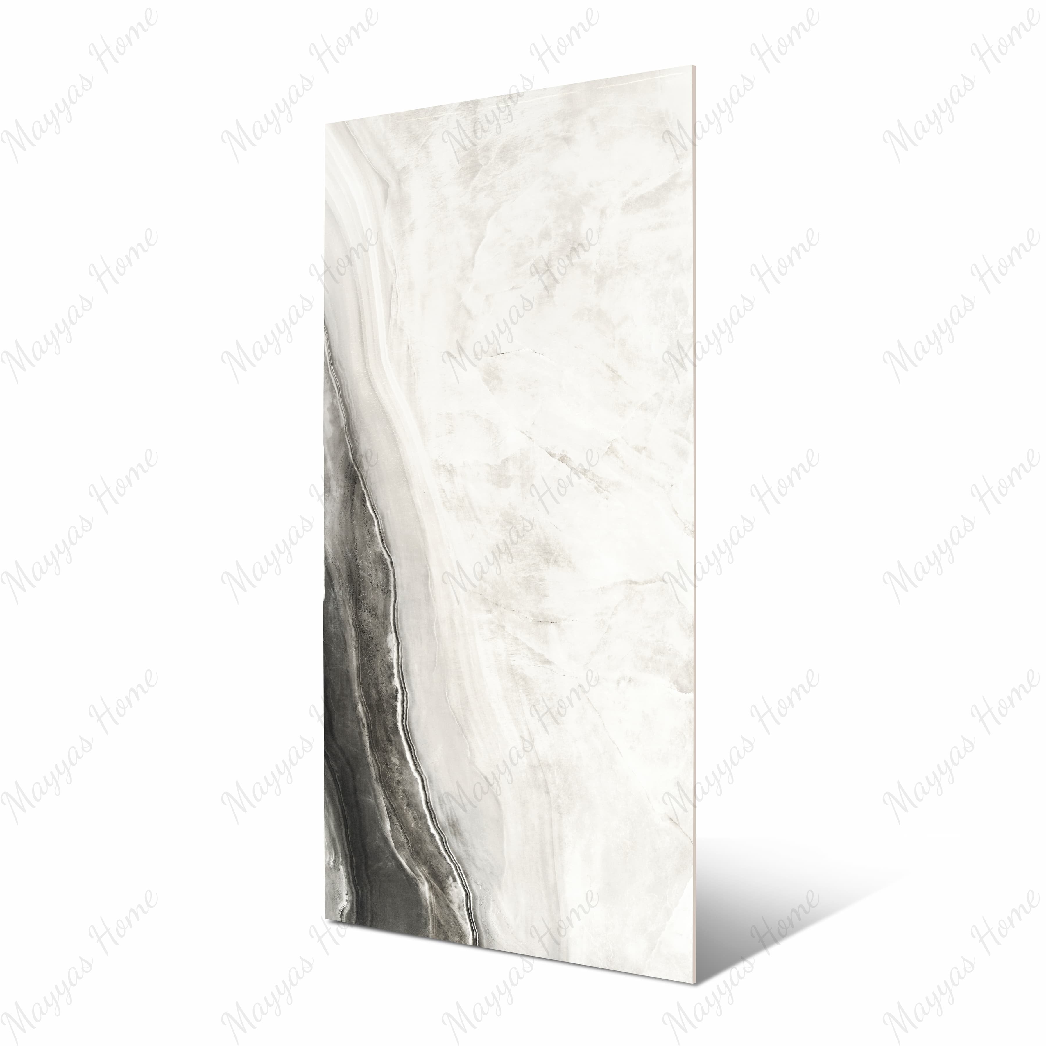 Agata Onyx BM large format porcelain slab angled view highlighting polished onyx finish, contrasting white and smoky grey wave movement, and rectified edges