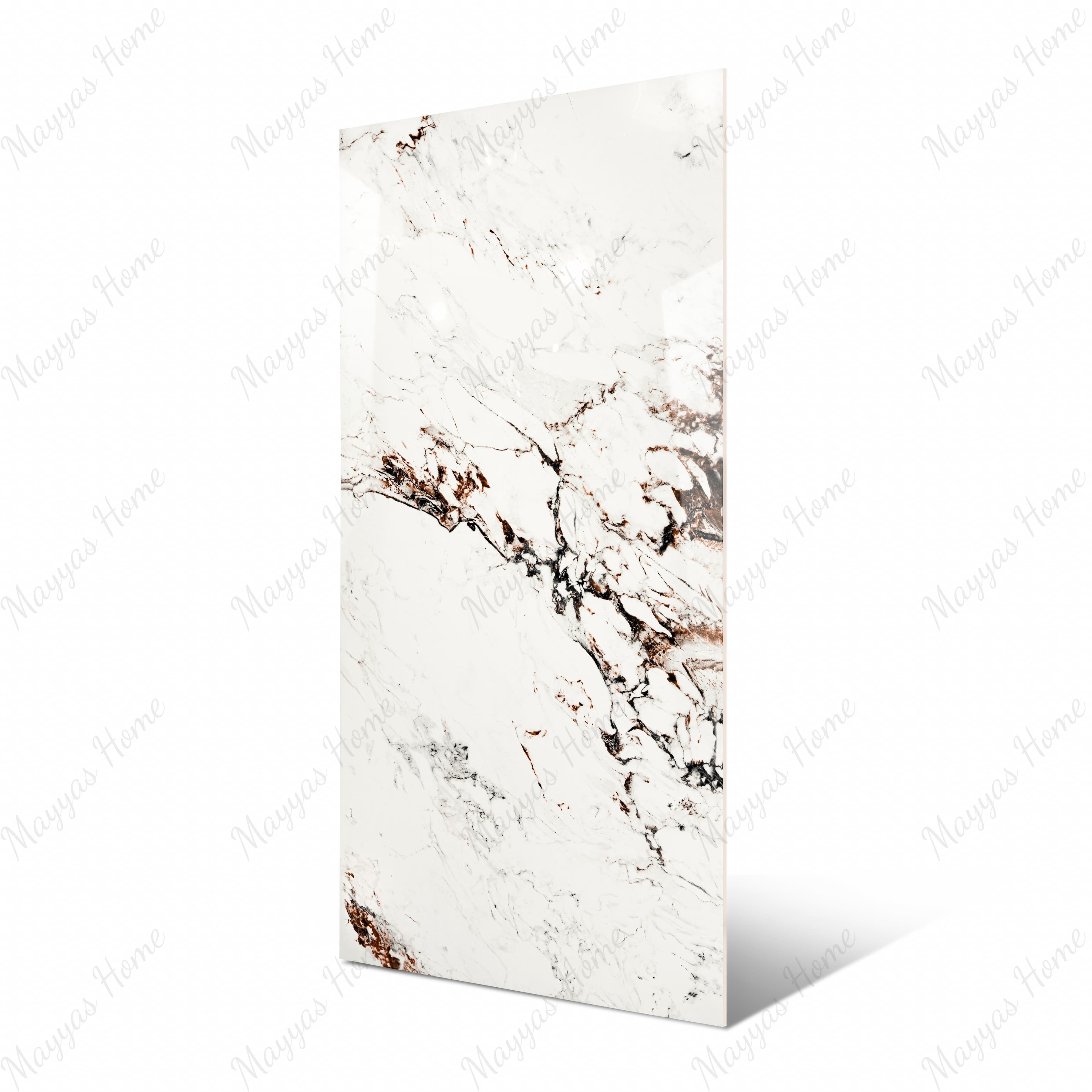 Statuario Rena 120x240cm glossy tile with grey veining on a white base. Durable and elegant, perfect for walls, floors, and modern luxury interiors.