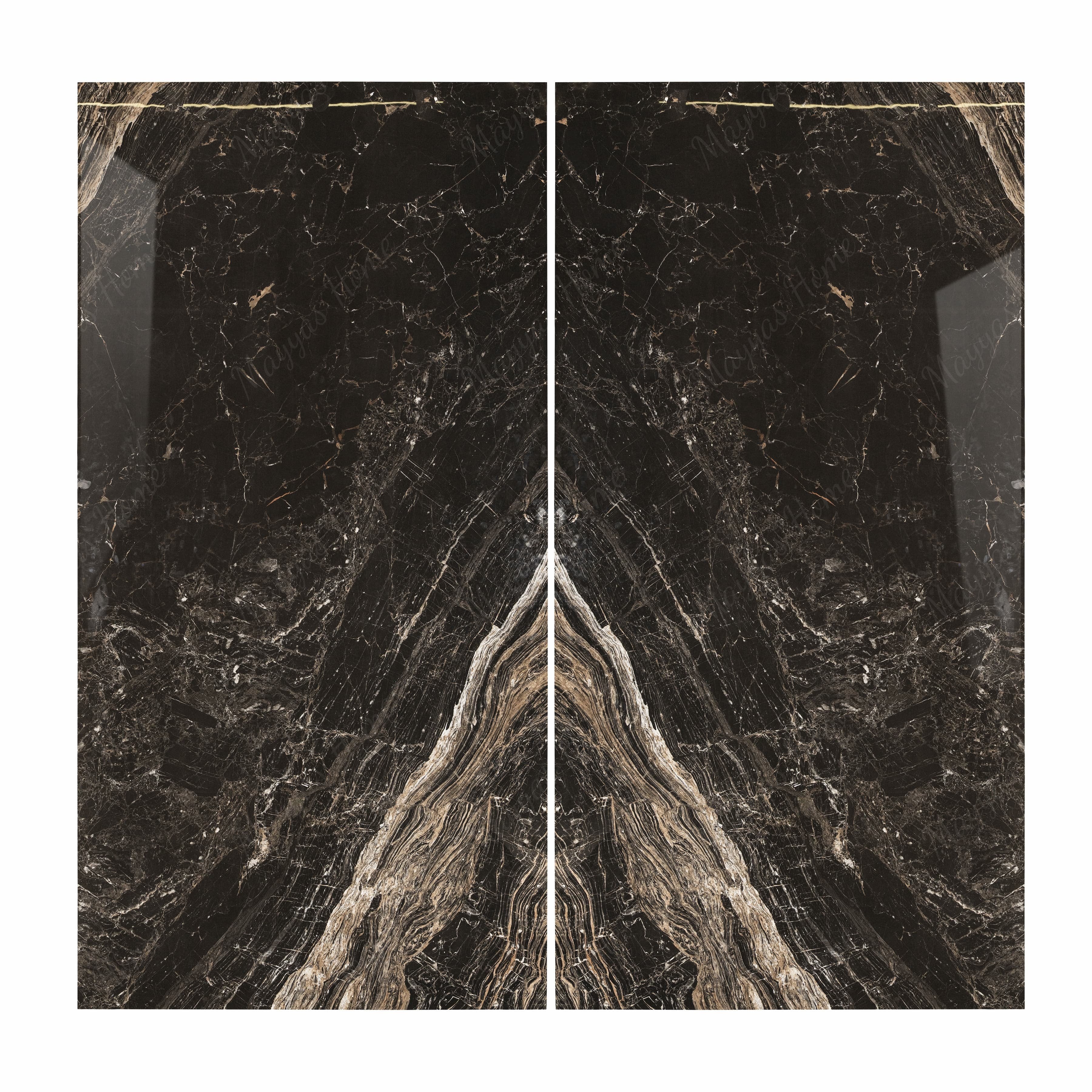Elite Black BM porcelain slab flat view showing deep black marble surface with intricate white crystalline veining and golden brown mineral streaks