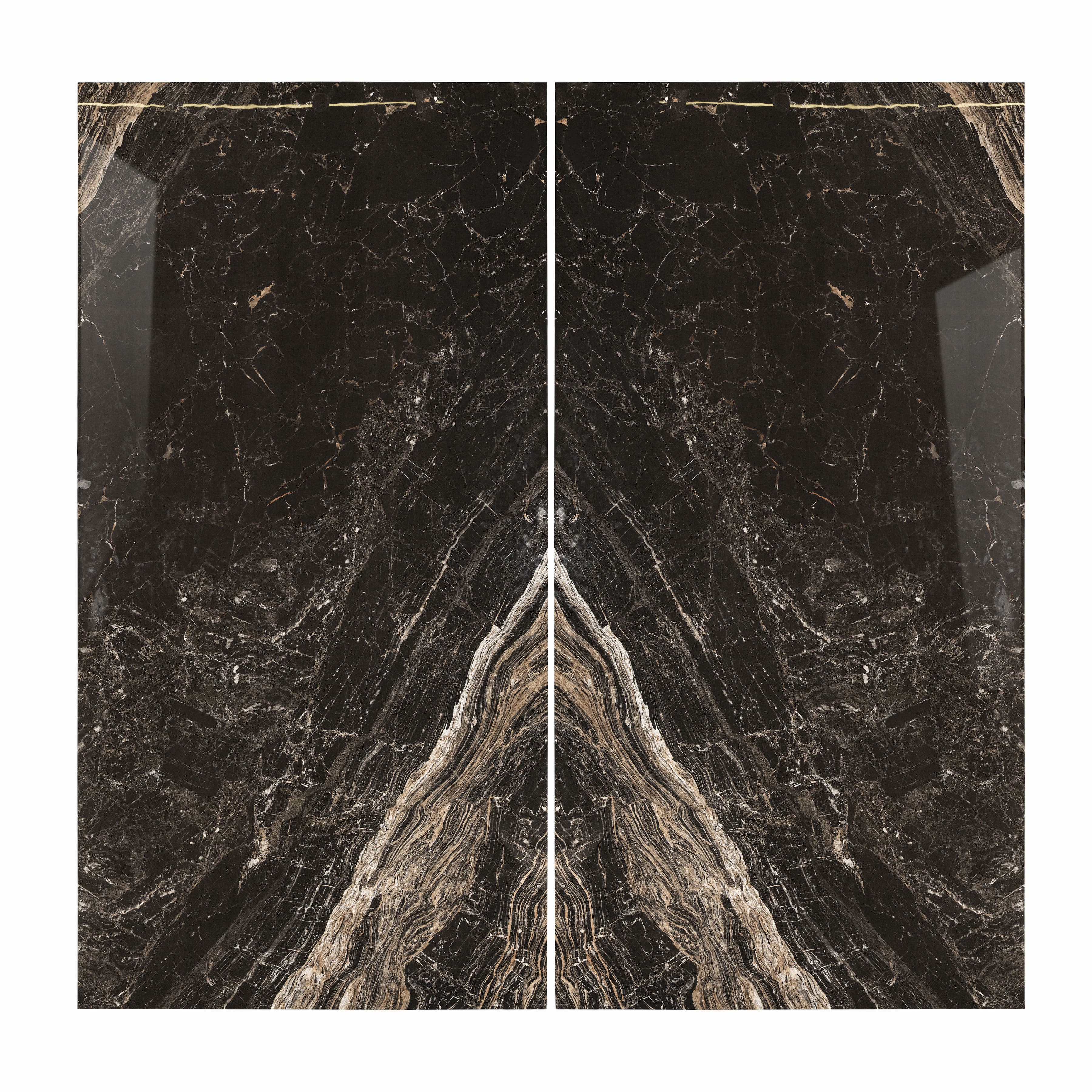 Elite Black BM porcelain slab flat view showing deep black marble surface with intricate white crystalline veining and golden brown mineral streaks