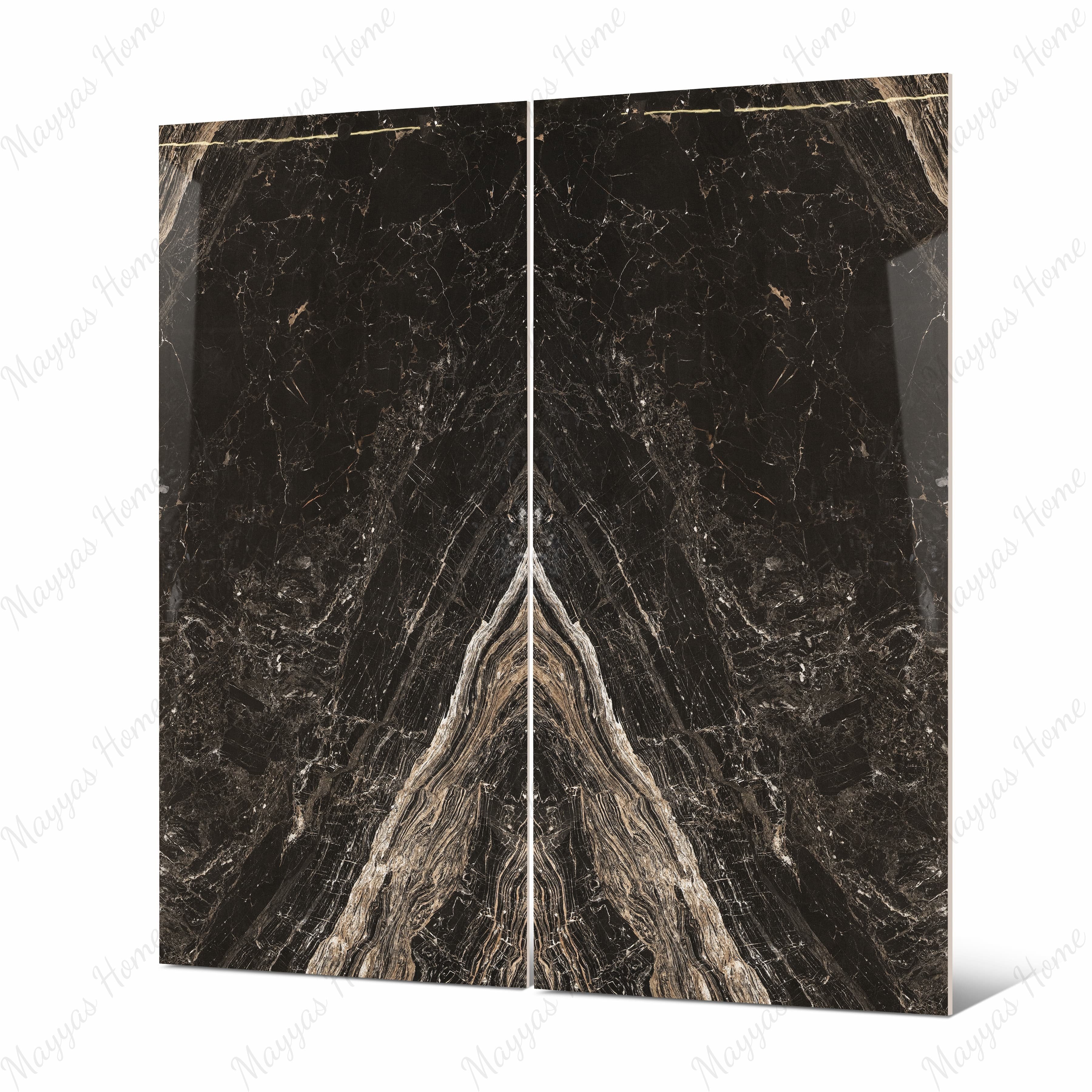 Close-up of Elite Black BM porcelain slab showing mirror-polished surface with detailed flowing white veins and warm copper-toned accents