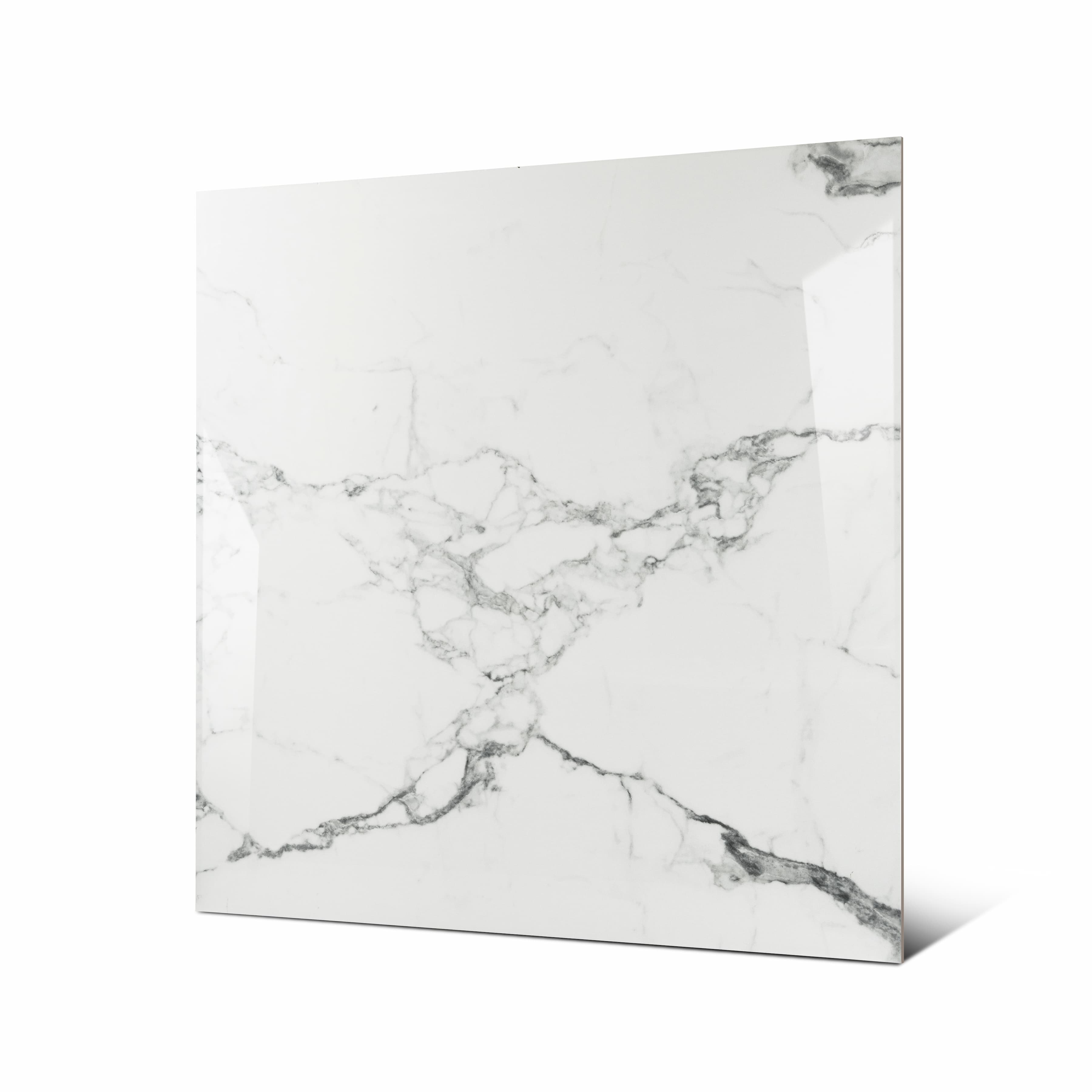 Statuario Krypton large format porcelain tile angled view highlighting polished statuario marble finish, dramatic veining, and rectified edges