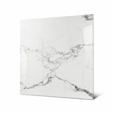 Statuario Krypton large format porcelain tile angled view highlighting polished statuario marble finish, dramatic veining, and rectified edges