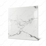 Statuario Krypton large format porcelain tile angled view highlighting polished statuario marble finish, dramatic veining, and rectified edges