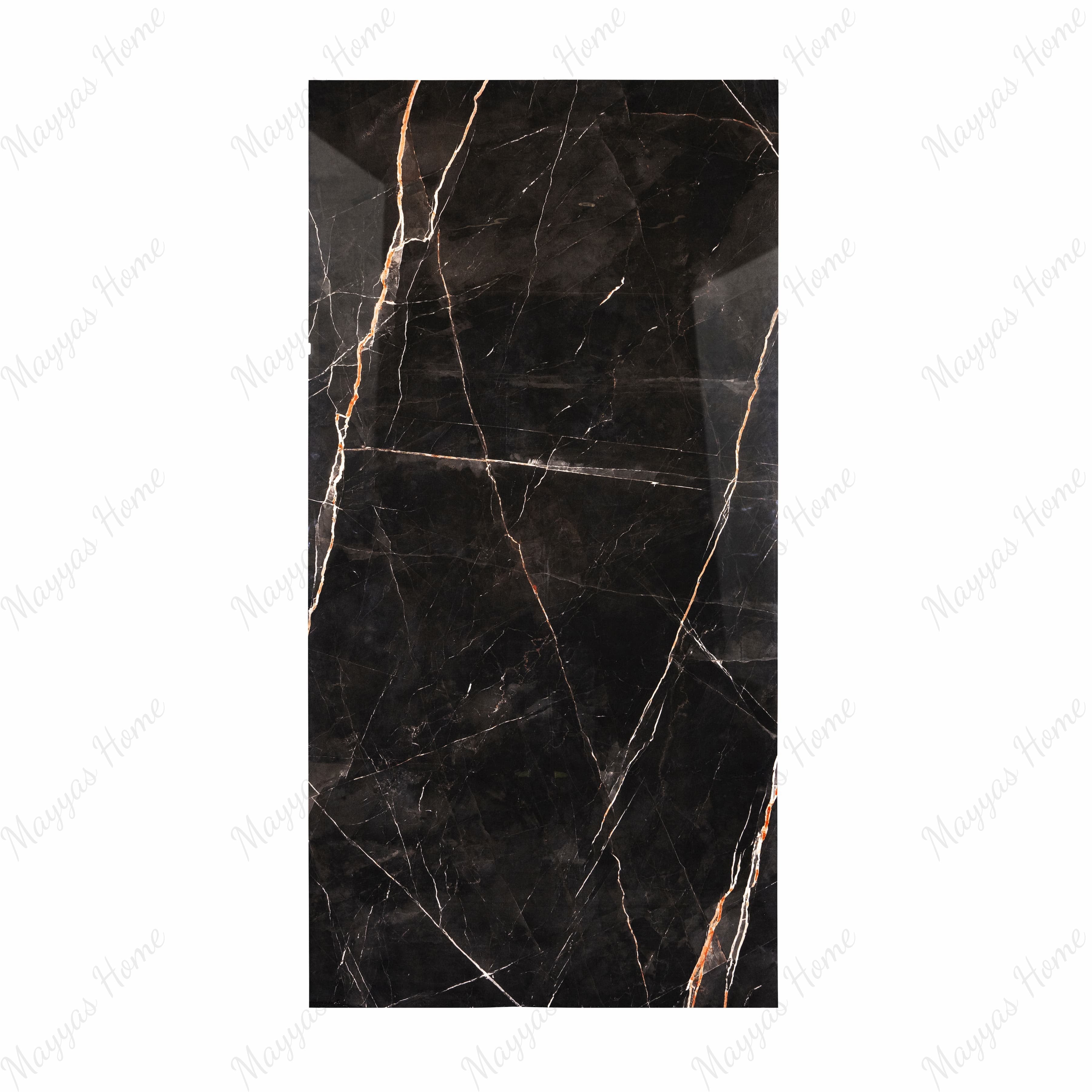 Black Daytona porcelain slab displayed on easel against luxury marble backdrop showing dramatic gold and white veining for UAE interior design