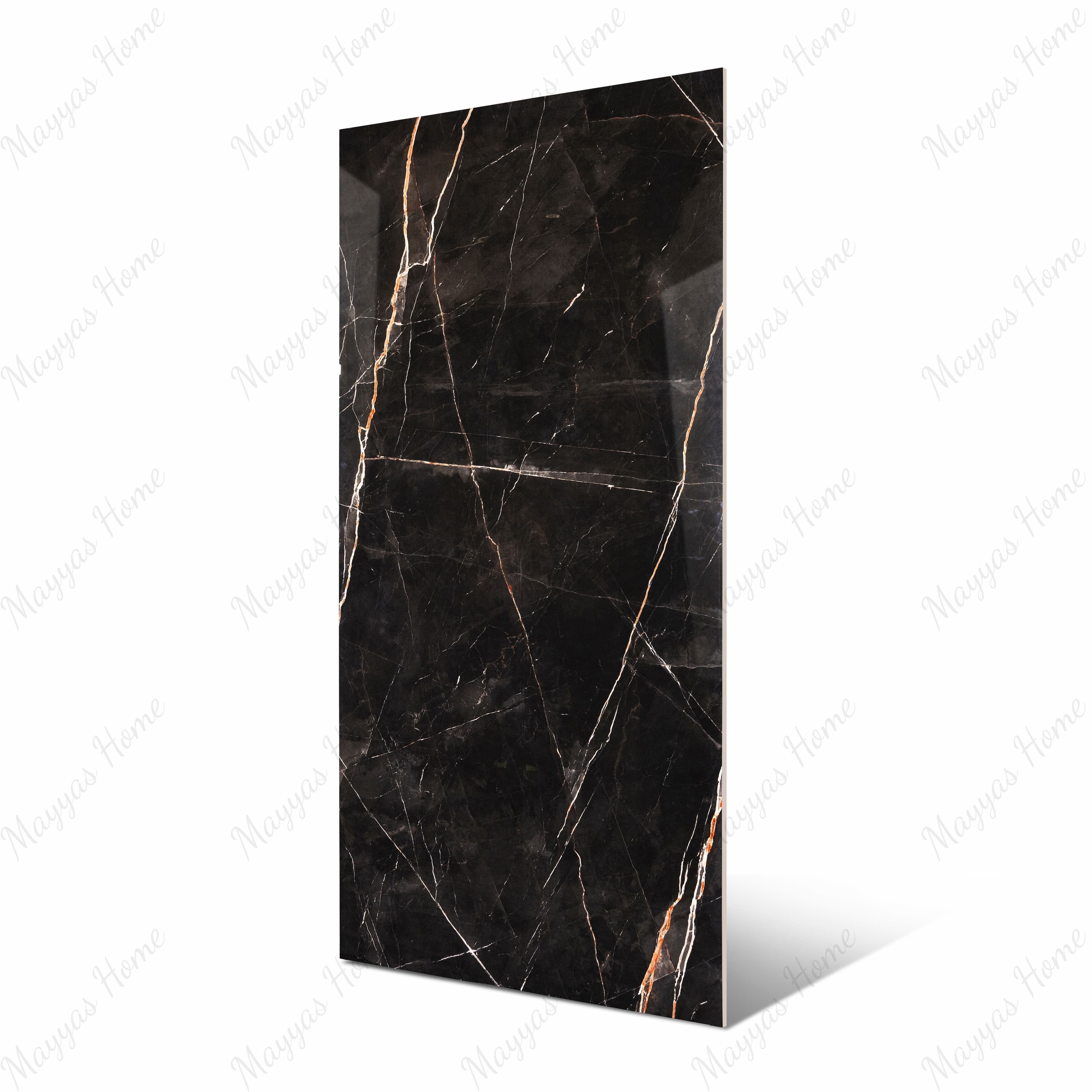 Black Daytona large format porcelain slab angled view highlighting polished Nero Portoro marble finish, dramatic veining, and rectified edges