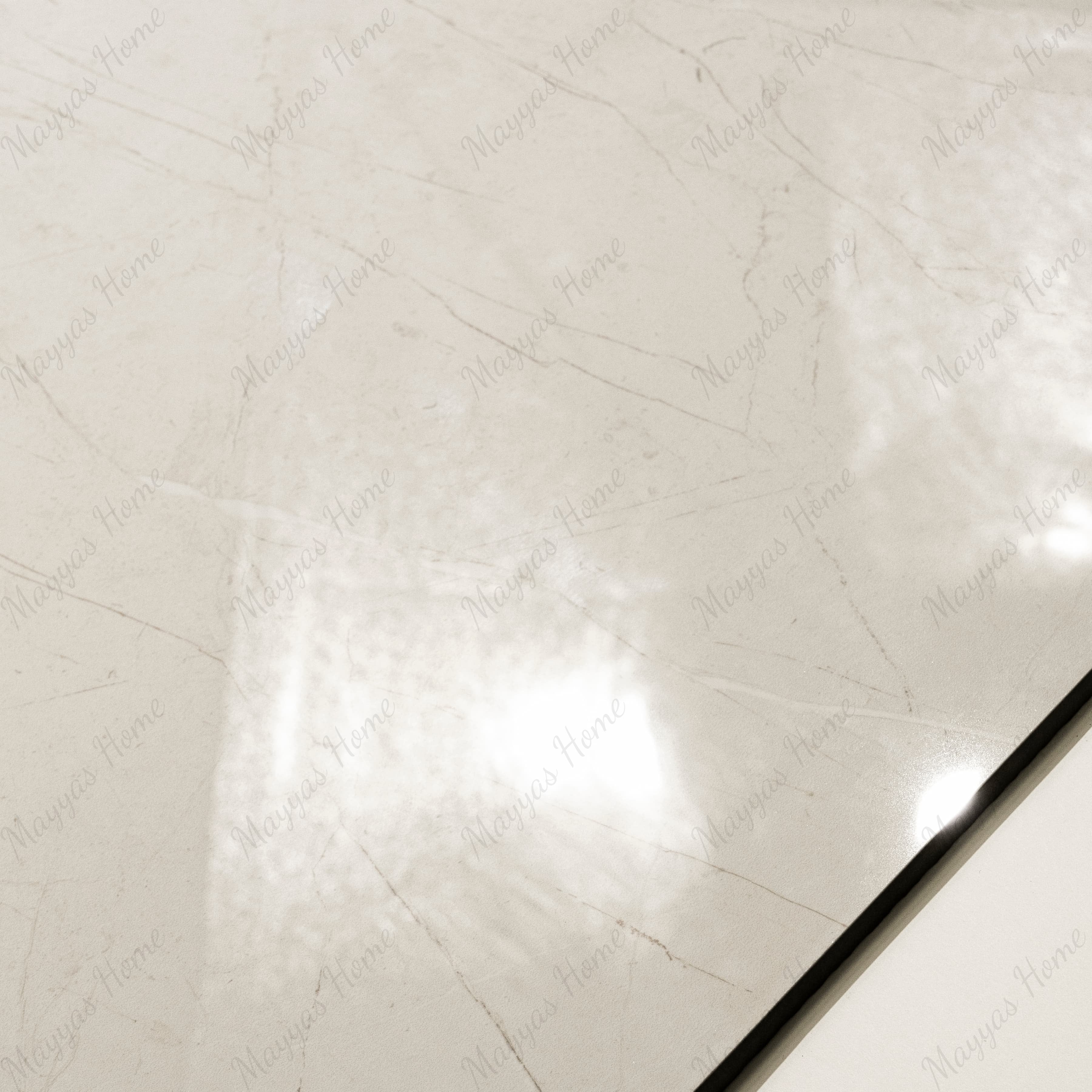 Close-up of Elegant Crema glossy porcelain tile showing mirror-polished cream marble surface, fine vein detail, and 9mm thickness