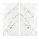 Garfagnana BM large format porcelain slab angled view highlighting polished white marble finish, delicate spider-web veining, and rectified edge