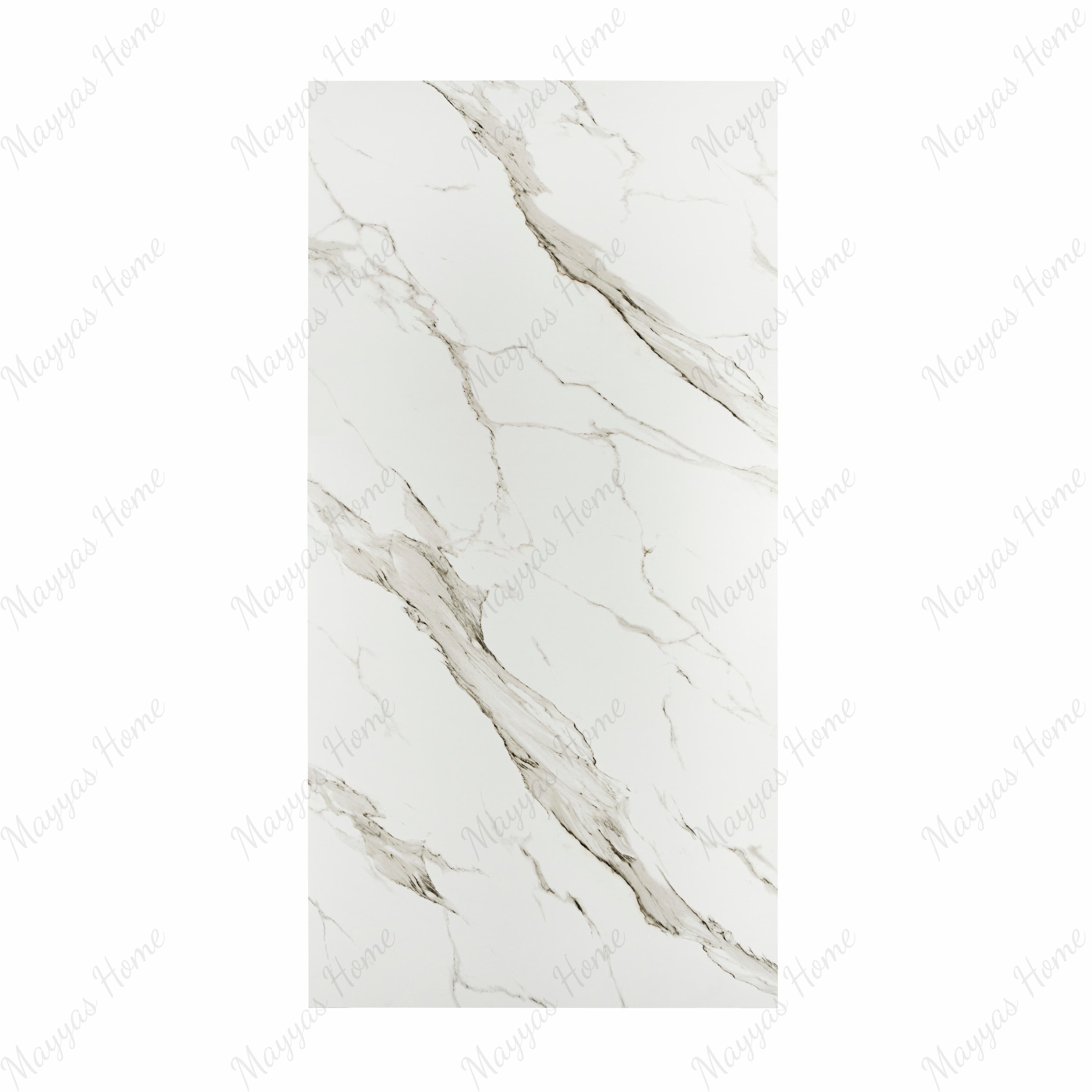 Calacatta Gold BM Matte porcelain slab displayed on easel against luxury backdrop showing white Calacatta marble with bold diagonal grey-gold veining for UAE interior design