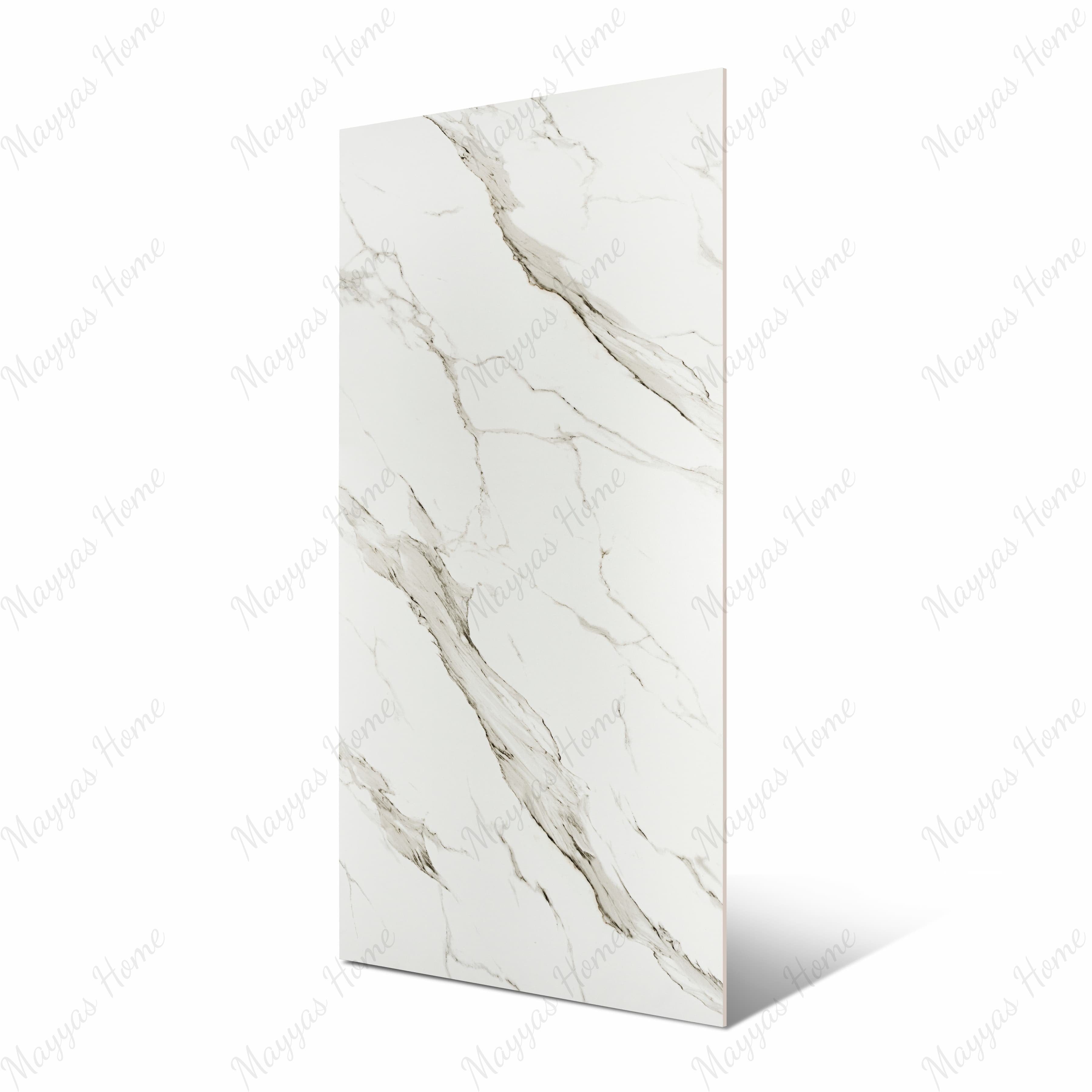 Calacatta Gold BM Matte large format porcelain slab angled view highlighting matte marble finish, bold flowing veining, and rectified edges
