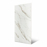 Calacatta Gold BM Matte large format porcelain slab angled view highlighting matte marble finish, bold flowing veining, and rectified edges