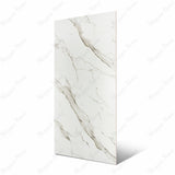 Calacatta Gold BM Matte large format porcelain slab angled view highlighting matte marble finish, bold flowing veining, and rectified edges