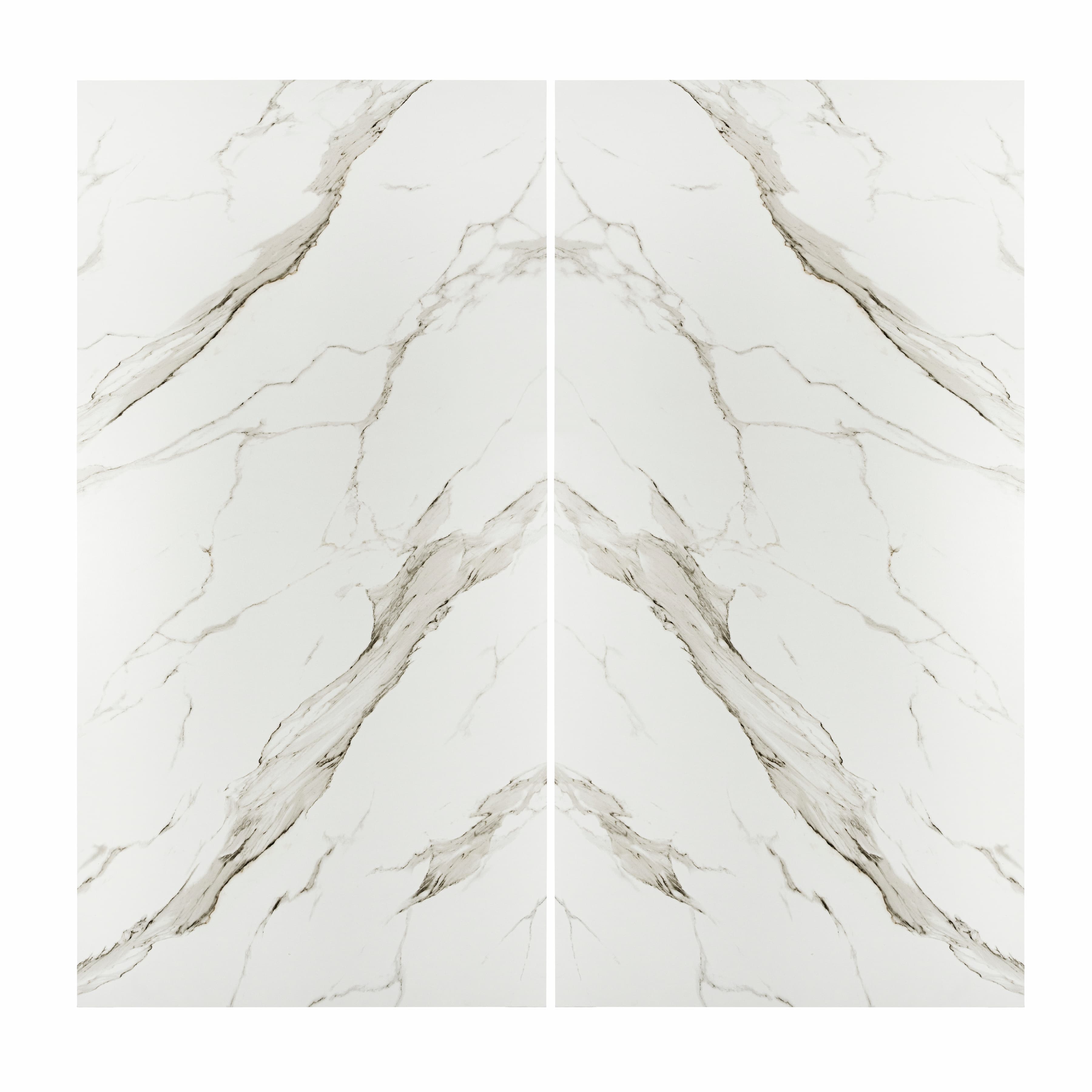 Calacatta Gold BM Matte porcelain slab flat view showing bright white marble surface with dramatic sweeping grey veins and subtle golden mineral accents