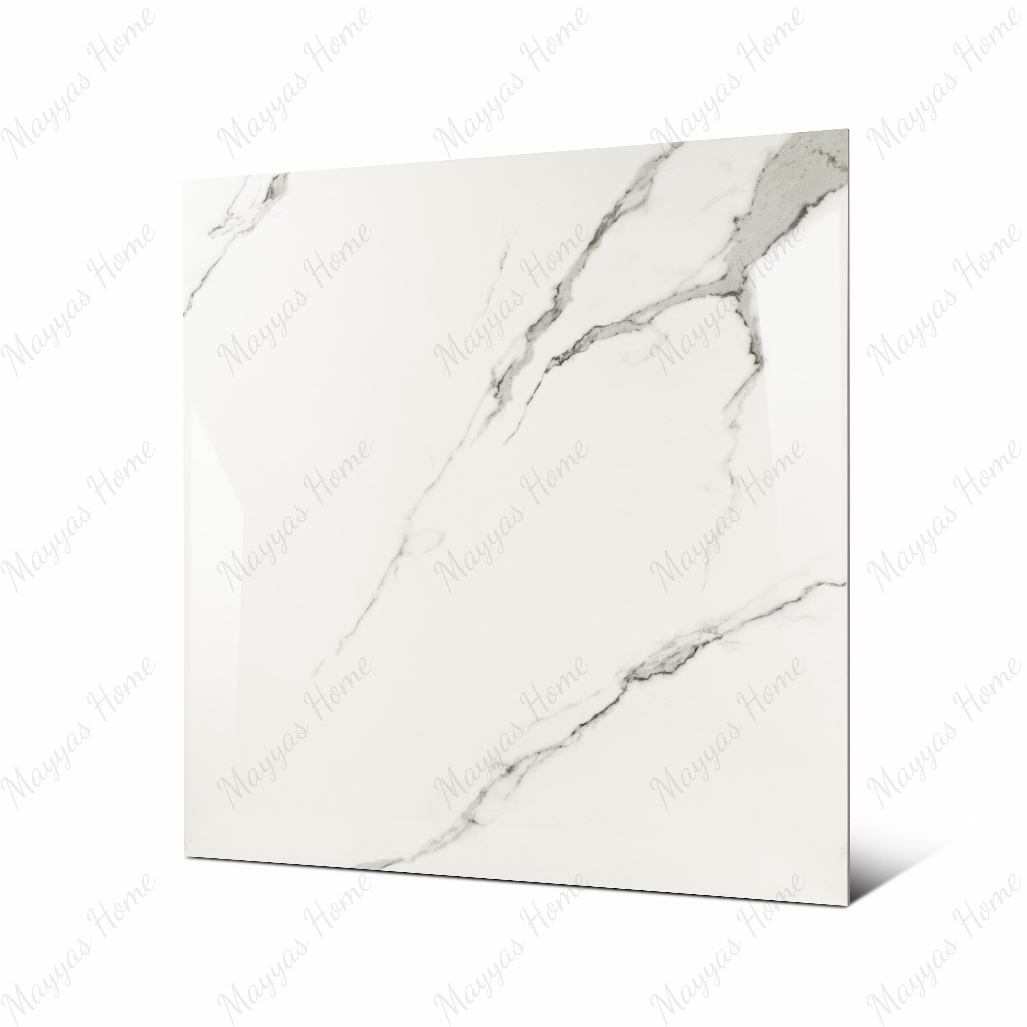 Statuario Hexa large format porcelain tile angled view highlighting polished statuario marble finish, refined veining, and rectified edges