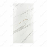 Gronza White BM porcelain slab displayed on easel against luxury backdrop showing bright white marble surface with elegant grey and gold veining for UAE interior design