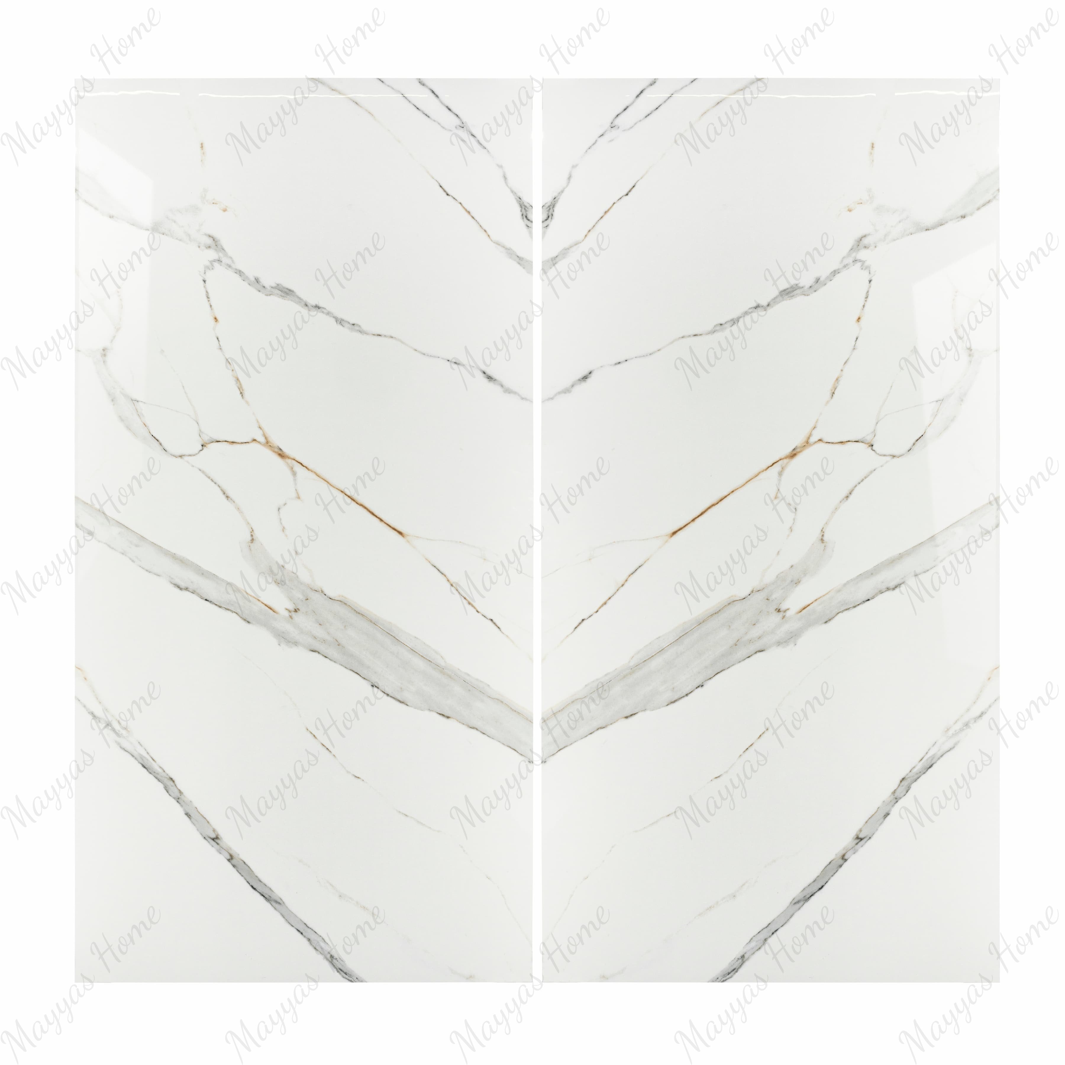 Gronza White BM porcelain slab flat view showing pristine white marble surface with diagonal grey veins and warm caramel mineral accents