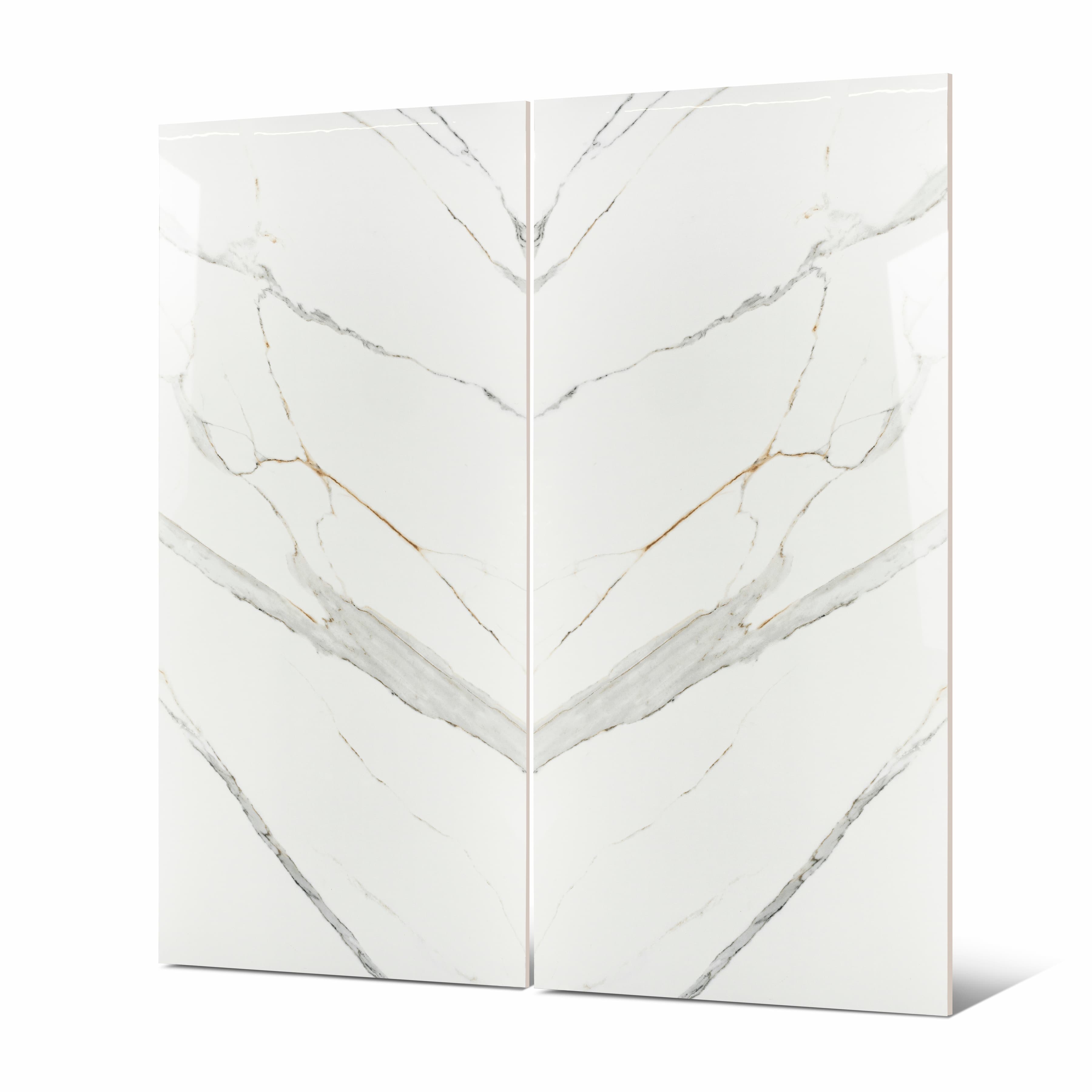 Close-up of Gronza White BM porcelain slab showing mirror-polished white surface with detailed grey-gold vein patterns and subtle amber tonal accents
