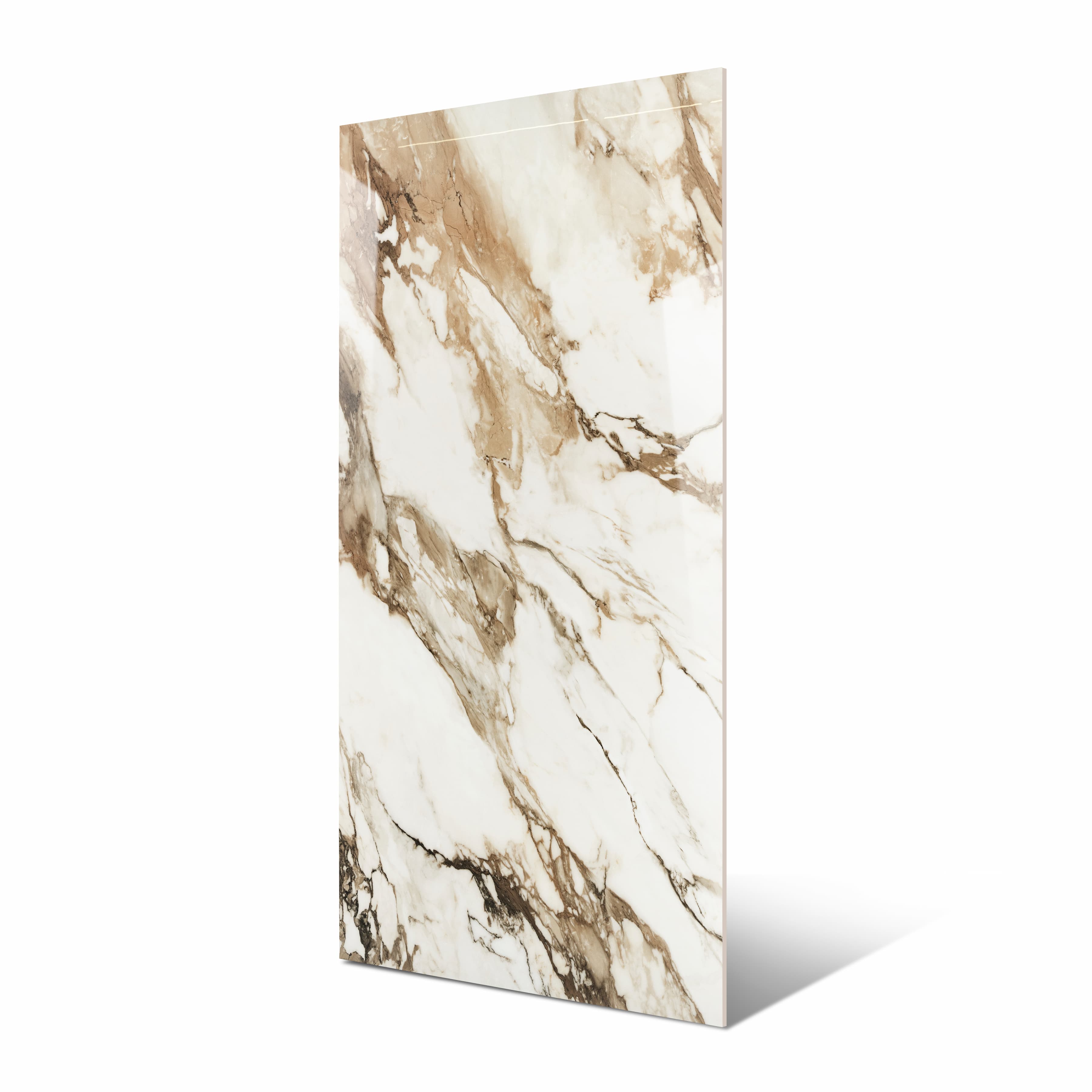 Macchia Vechia BM large format porcelain slab angled view highlighting polished marble finish, dramatic earth-toned veining, and rectified edges