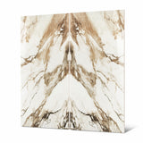 Close-up of Macchia Vechia BM porcelain slab showing mirror-polished white surface with detailed amber-brown vein clusters and warm taupe accents