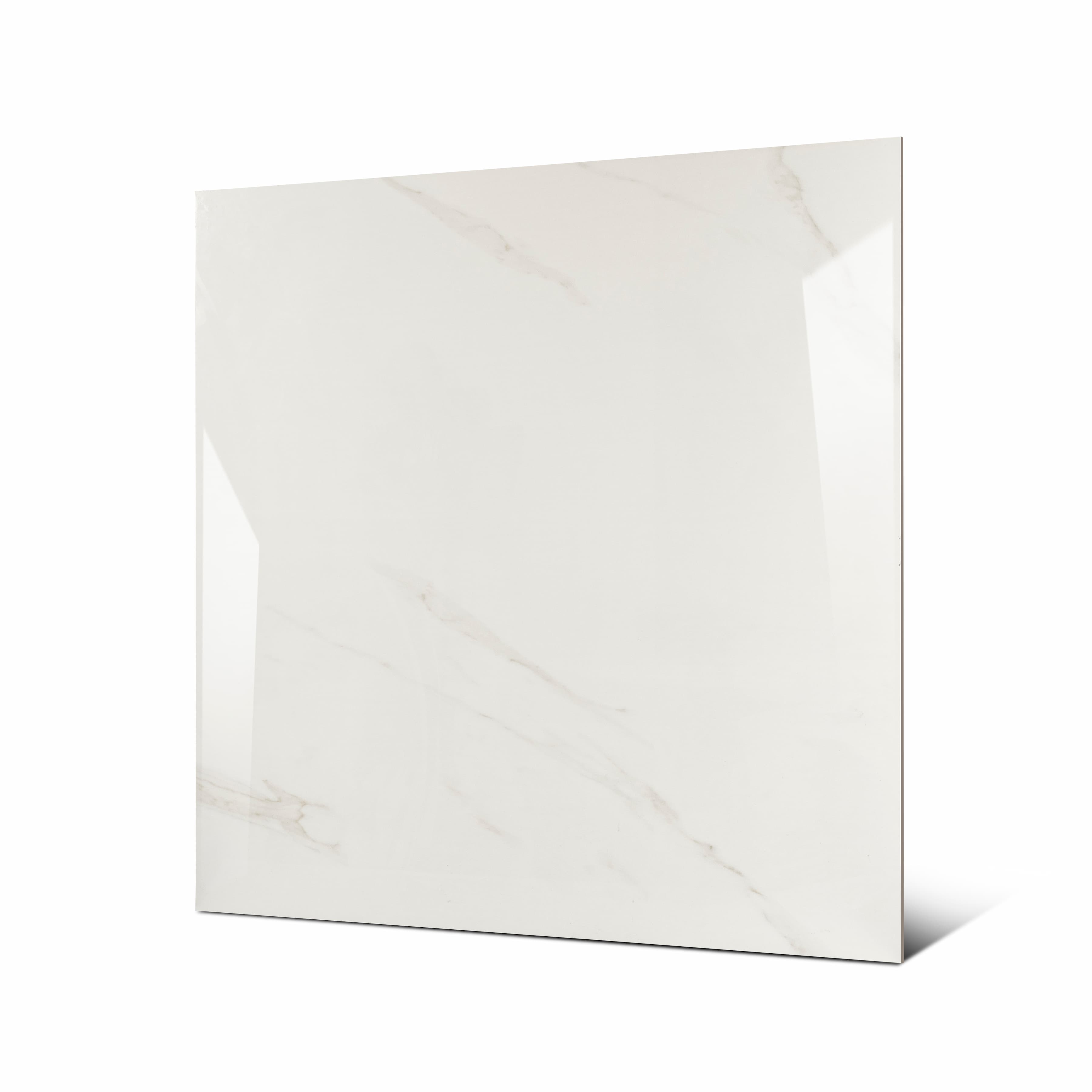 Smoke White large format porcelain tile angled view highlighting polished Calacatta marble finish, subtle veining, and rectified edges