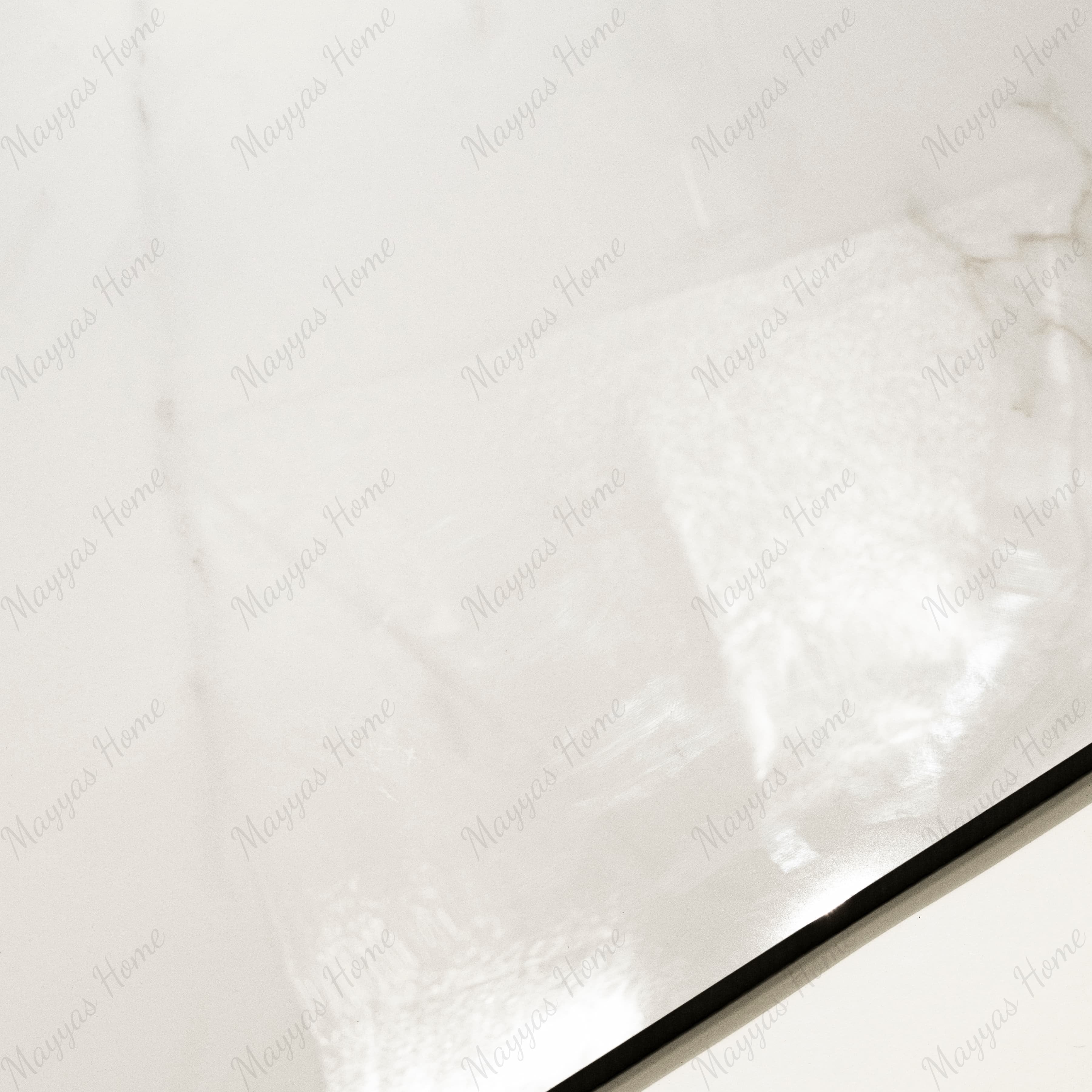 Close-up of Smoke White glossy porcelain tile showing mirror-polished white marble surface with fine smoky vein detail and 9mm thickness