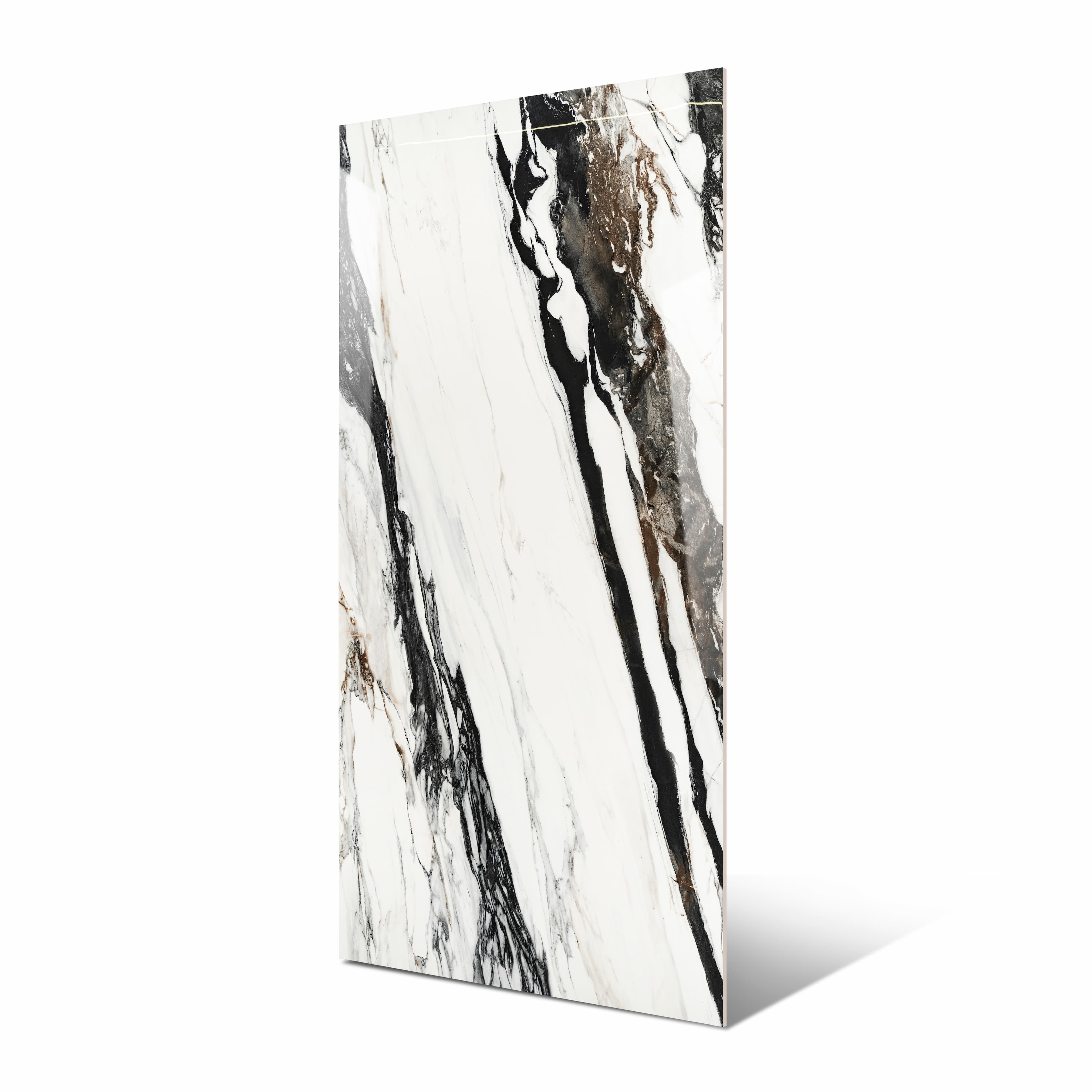 Calacatta Oyster BM large format porcelain slab angled view highlighting polished marble finish, striking high-contrast veining, and rectified edges