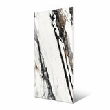 Calacatta Oyster BM large format porcelain slab angled view highlighting polished marble finish, striking high-contrast veining, and rectified edges