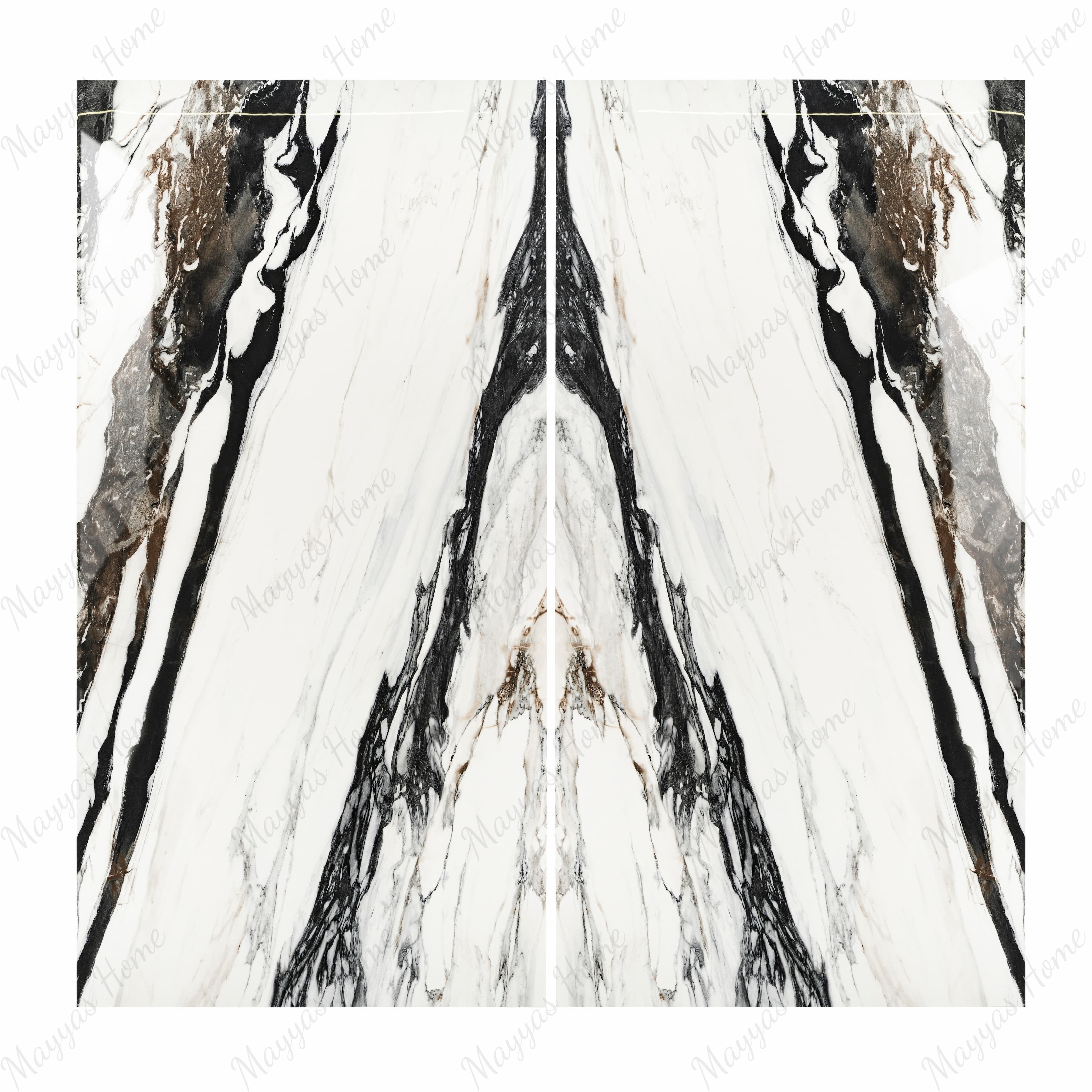 Calacatta Oyster BM porcelain slab flat view showing bright white marble surface with bold black sweeping veins and warm copper-brown mineral pockets