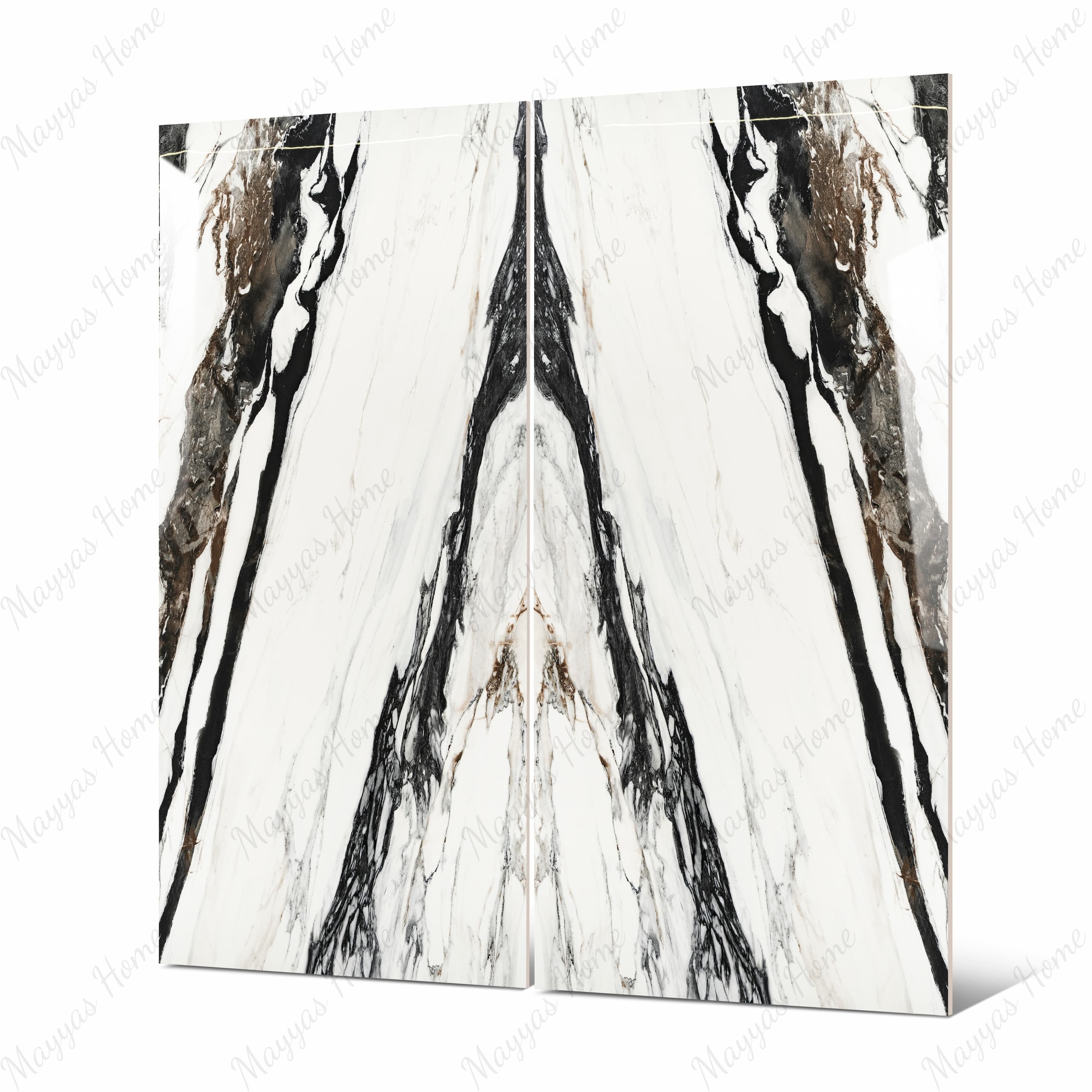 Close-up of Calacatta Oyster BM porcelain slab showing mirror-polished white surface with detailed black ink-like veins and rich amber mineral accents