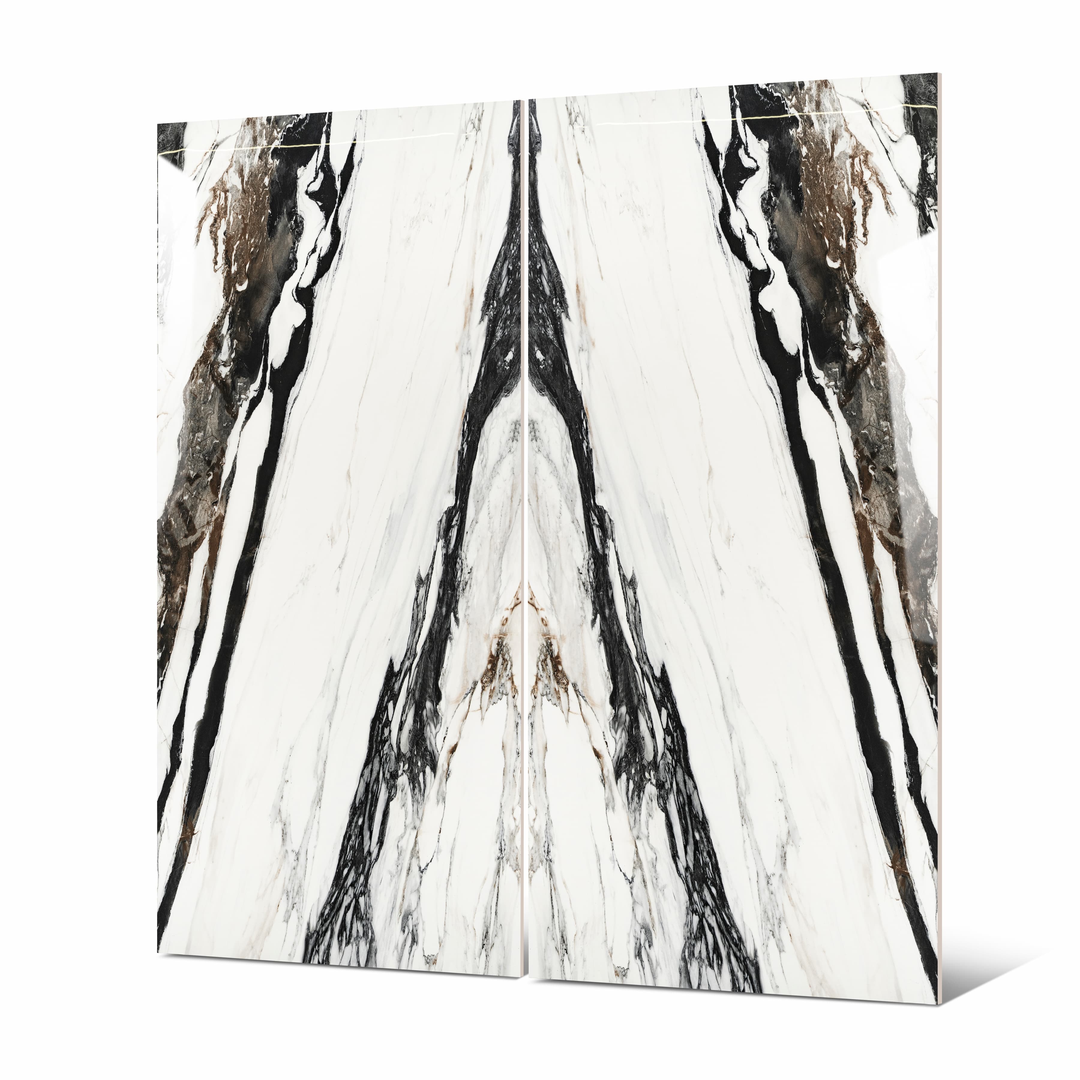 Close-up of Calacatta Oyster BM porcelain slab showing mirror-polished white surface with detailed black ink-like veins and rich amber mineral accents