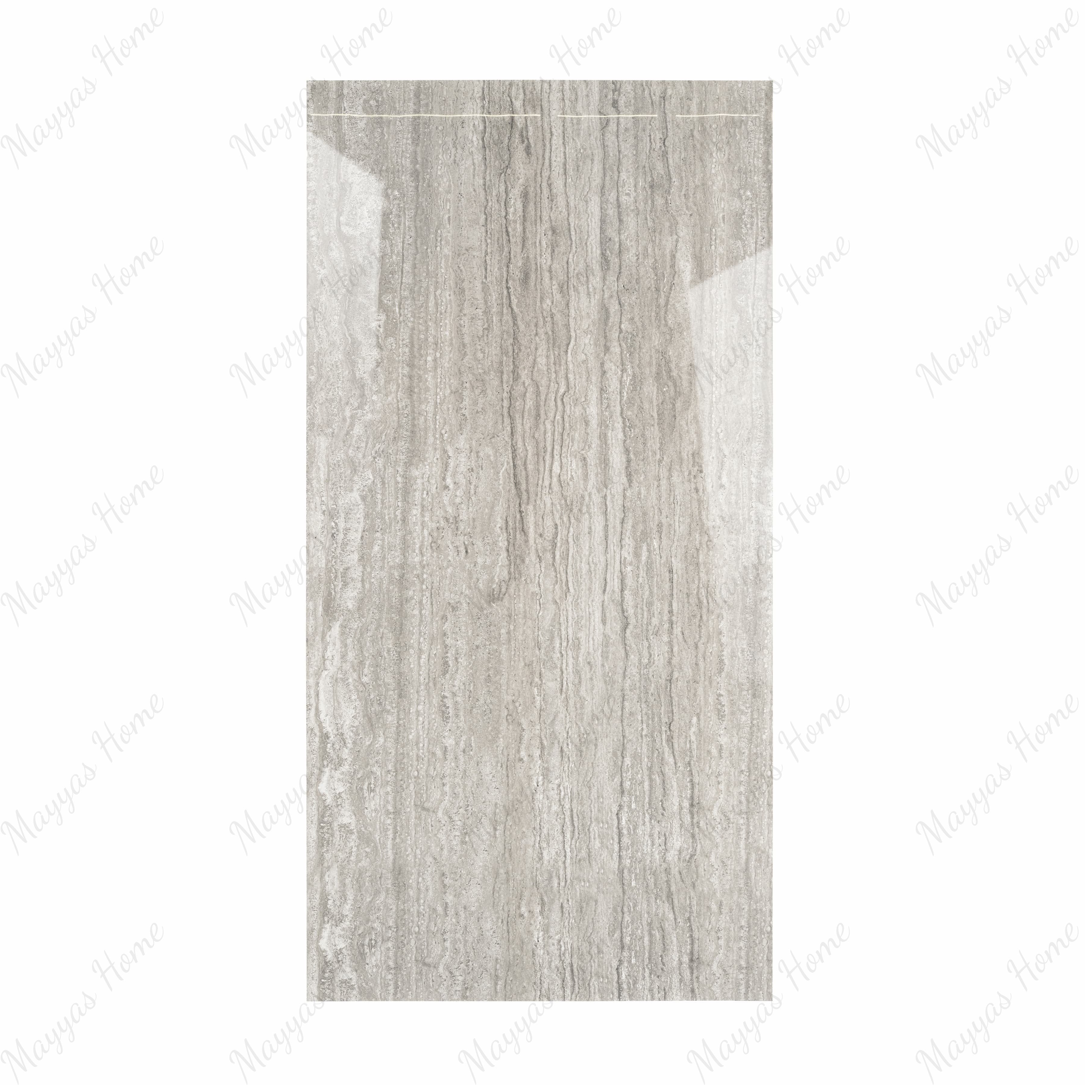 New Travertino Grey 120x240cm glossy porcelain tile with natural stone look. Durable 9mm design, perfect for elegant walls and floors.