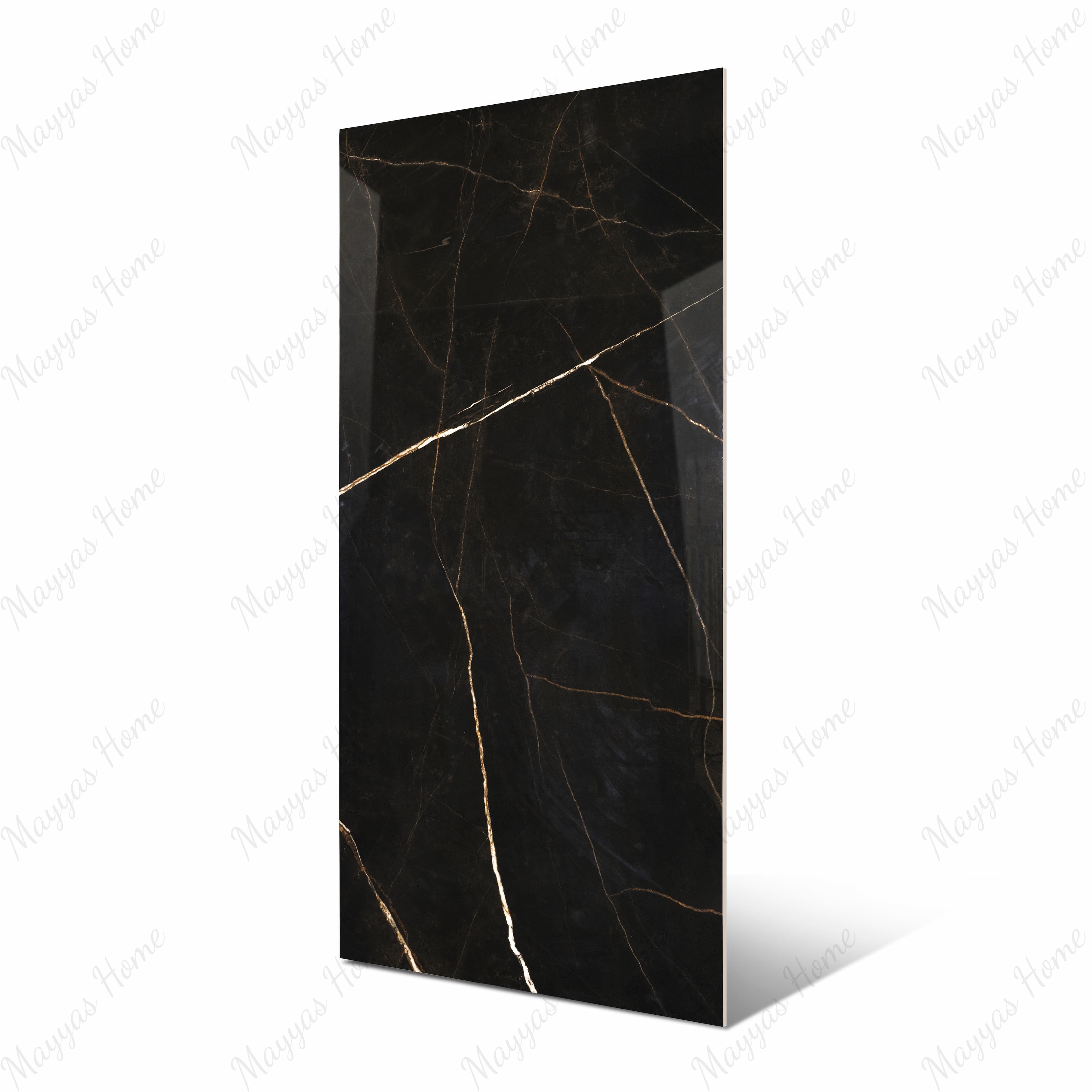 Vendome Royal large format porcelain slab angled view highlighting polished black marble finish, dramatic gold veining, and rectified edges