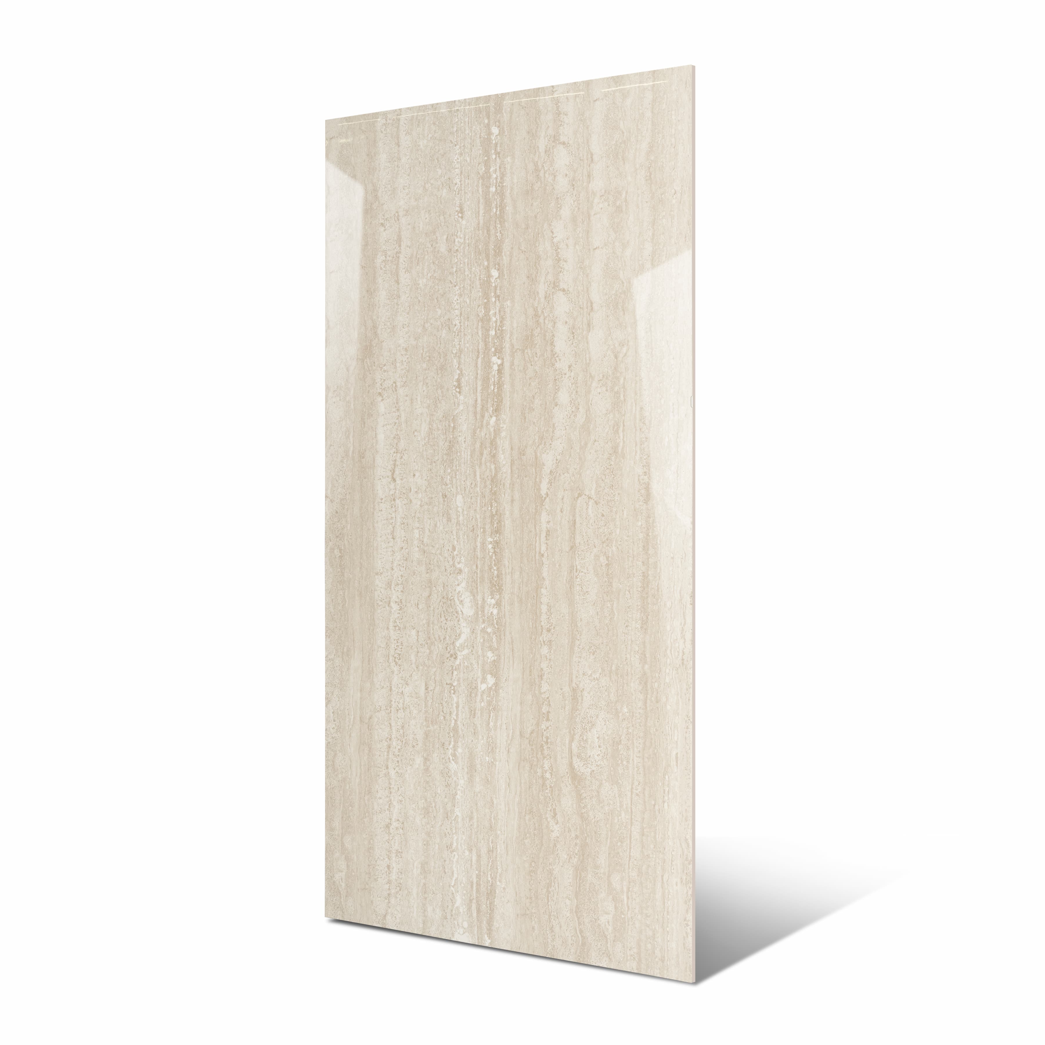 New Travertino Ivory 120x240cm glossy porcelain tile with travertine stone effect. Durable 9mm design for timeless walls and floors.