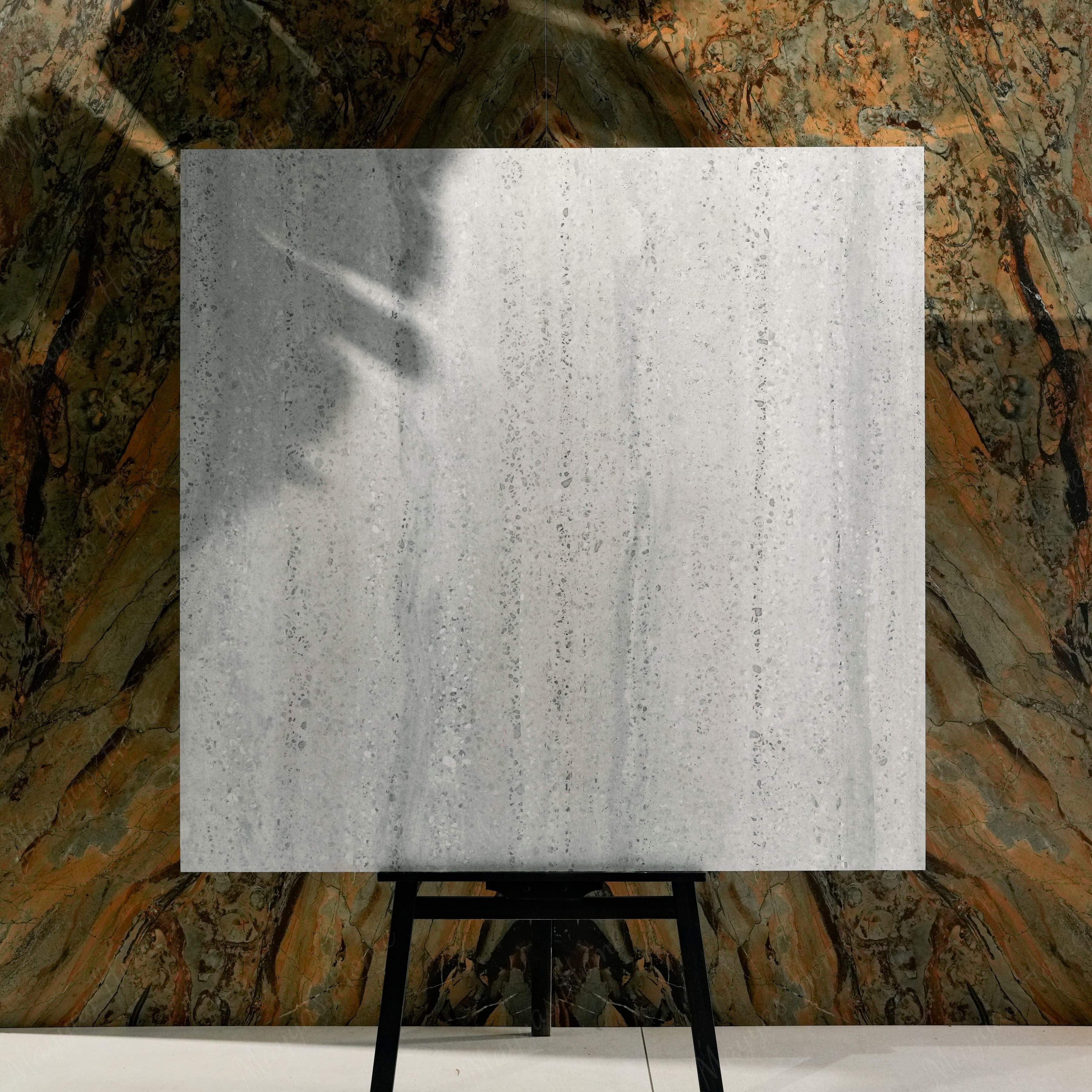 Stonex Grey 120x120cm matte porcelain tile flat view showing natural stone surface with fine aggregate detail and vertical mineral streaks