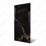 Black Onyx large format porcelain slab angled view highlighting polished black onyx finish, dramatic amber veining, and rectified edges