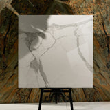 Alps Natural 120x120cm glossy porcelain tile flat view showing pure white statuario marble surface with dramatic grey veining
